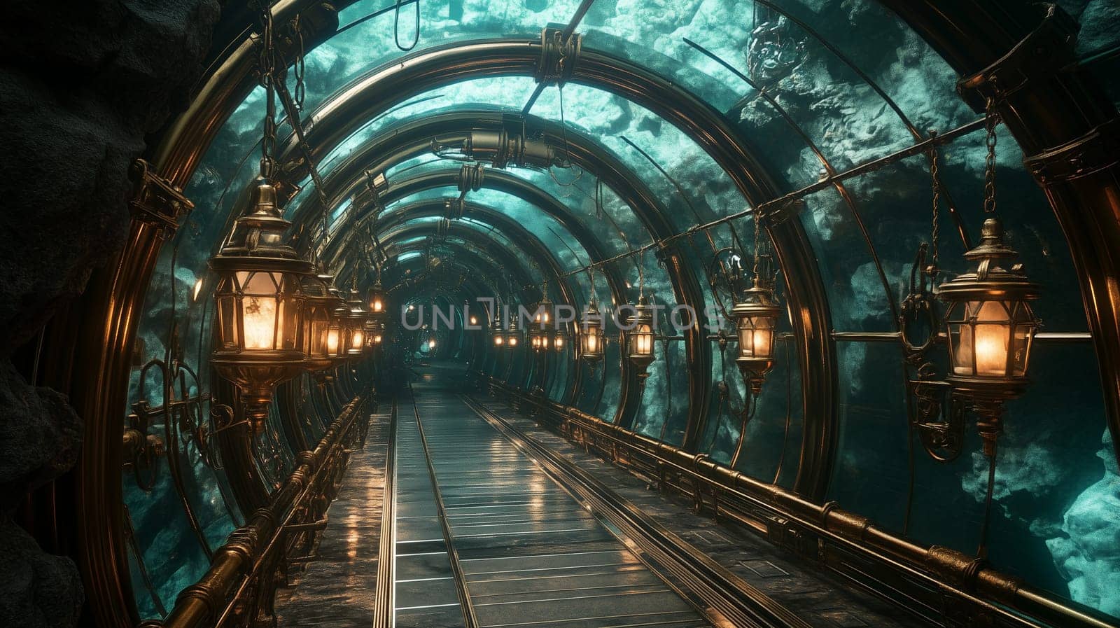 Vintage-style underwater tunnel with curved glass walls, glowing lanterns, and brass details. Steampunk design in a mysterious deep-sea environment.