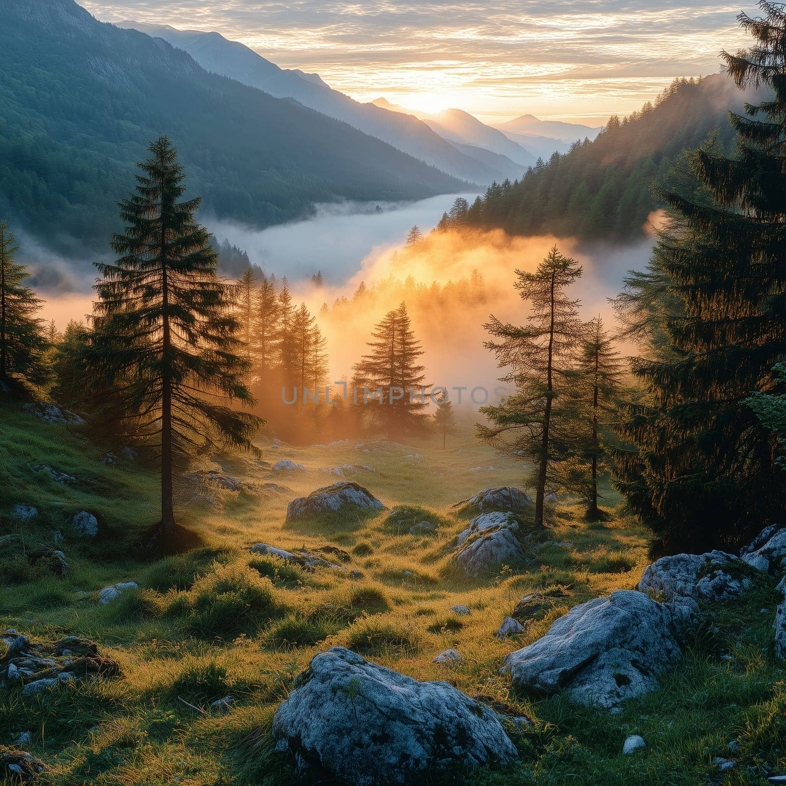 Golden sunlight filters through misty pine trees in a mountain valley at sunrise, with rocky terrain and glowing grass in the foreground.