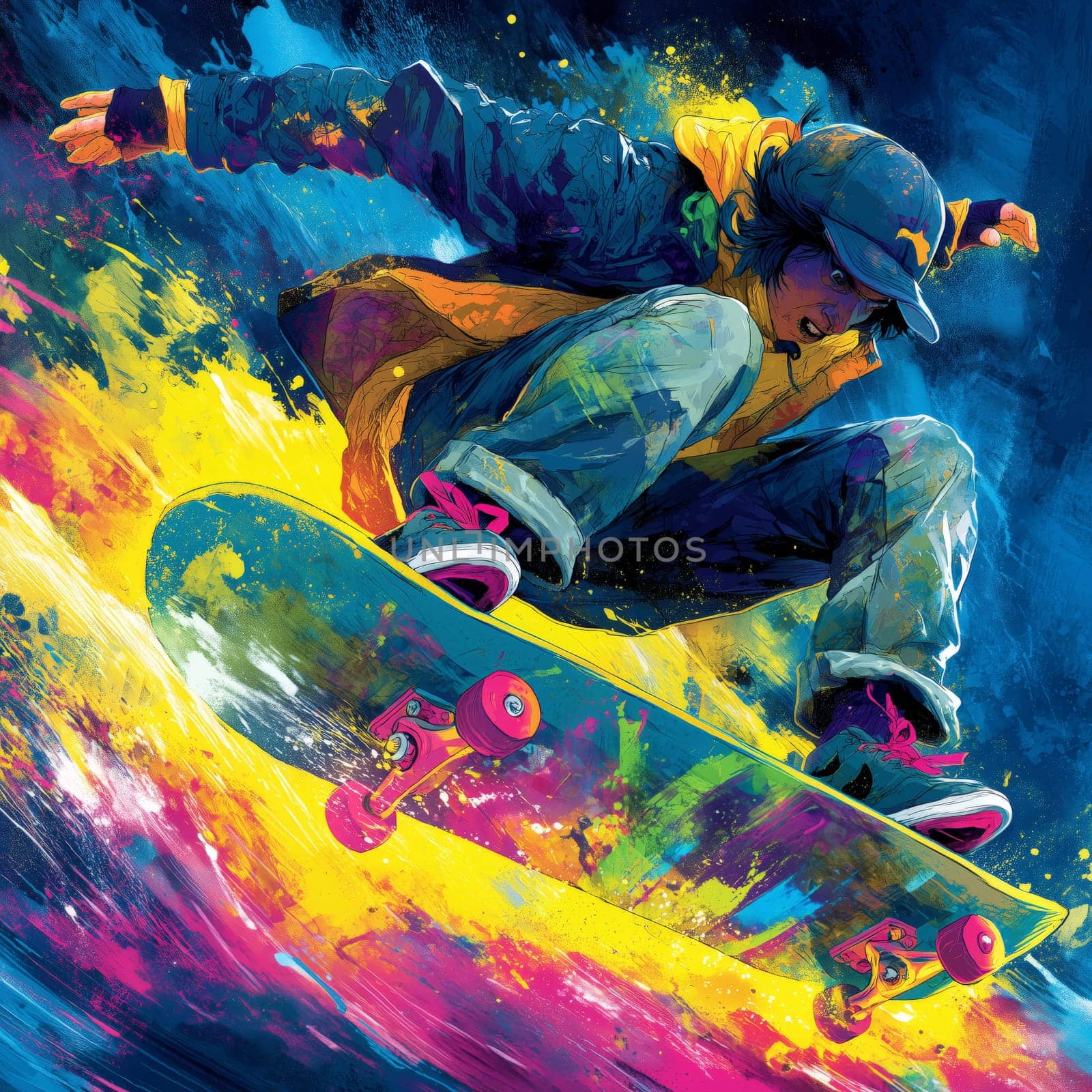 Energetic artwork of skateboarder mid-trick with vivid splashes of yellow, pink, and blue, expressing action and freedom.