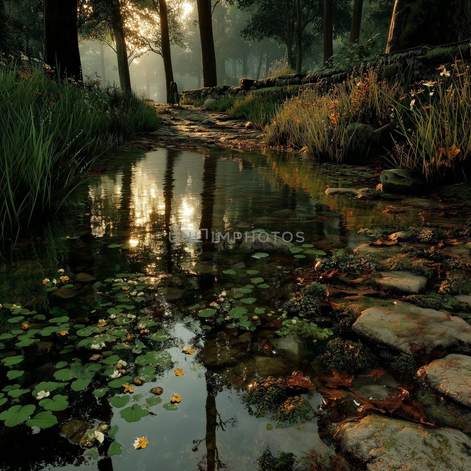 A tranquil forest stream with floating lily pads and flowers, surrounded by trees, with soft sunlight reflecting off the water, creating a peaceful scene.