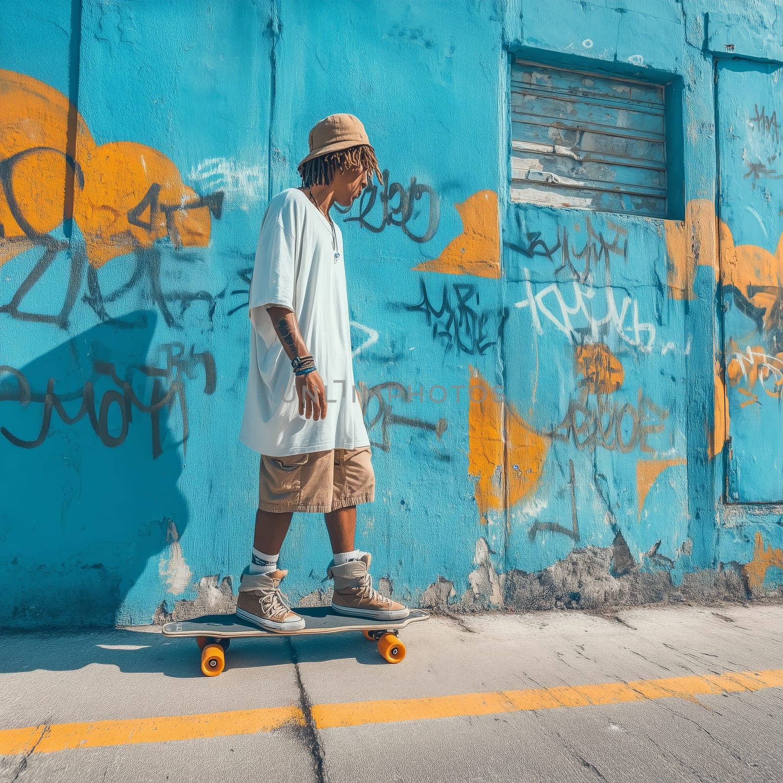 Young man in casual streetwear and bucket hat cruising on a longboard beside a bright blue wall covered in graffiti art on a sunny urban street.