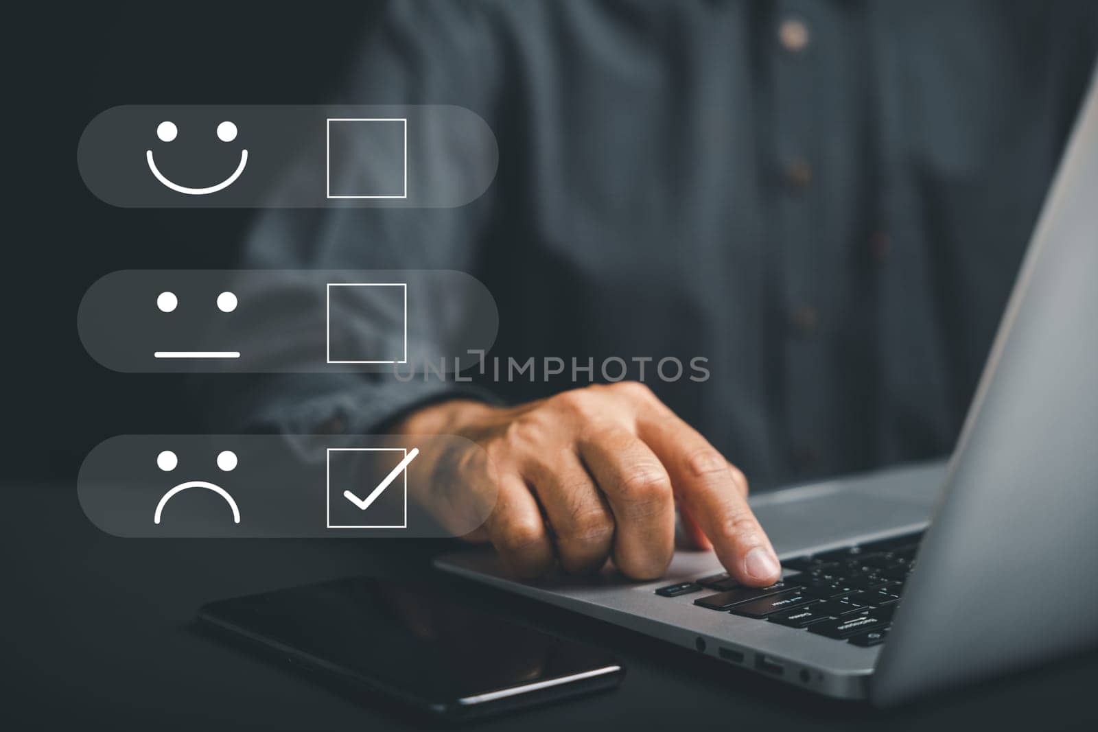 Negative feedback concept through 1-star rating in survey. Portraying customer dissatisfaction and disappointment with user experience on smartphone. Emphasizing significance of customer satisfaction.