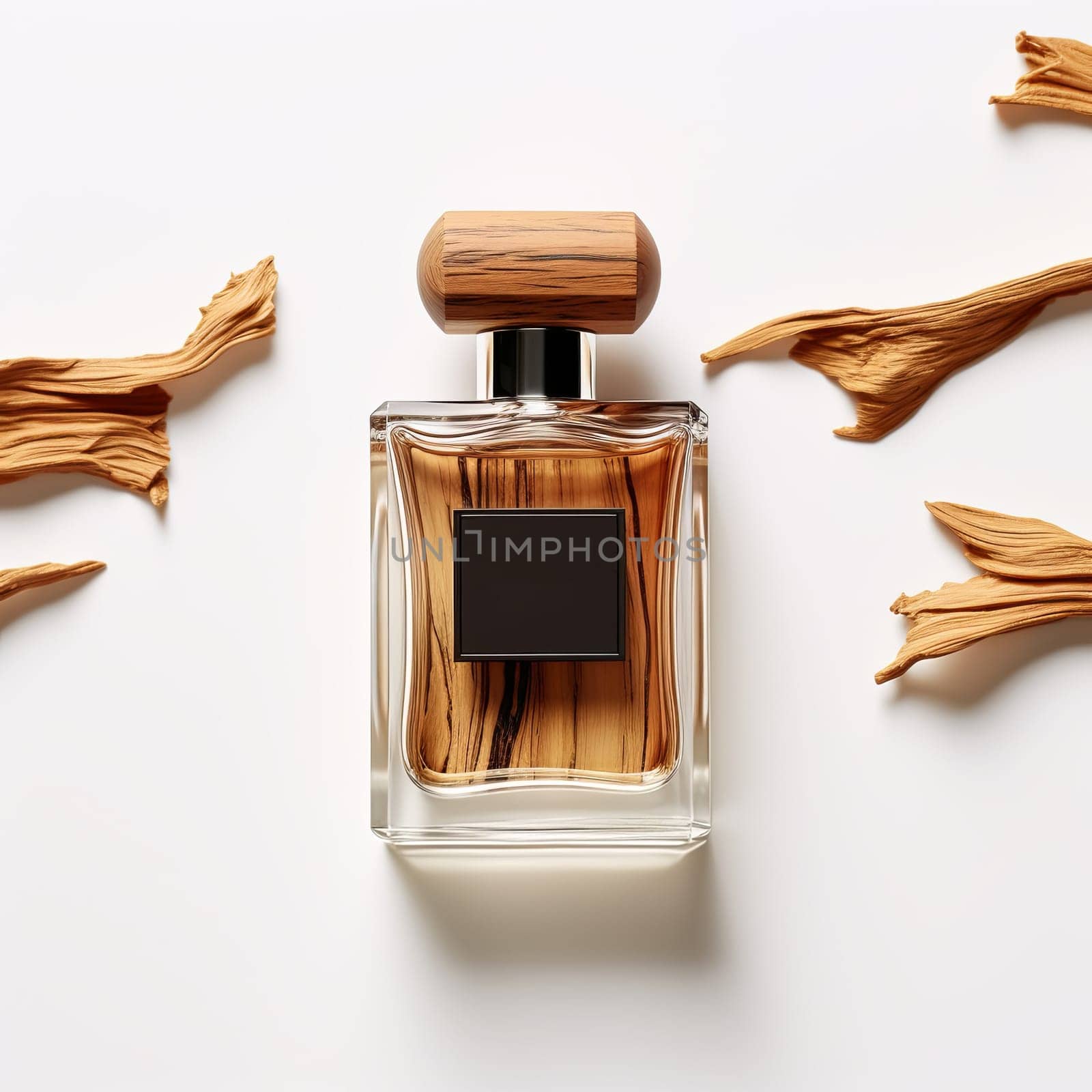 This elegant perfume bottle showcases a luxurious wood grain design, exuding sophistication. Ideal for high-end branding and product photography, it captures beauty and style.