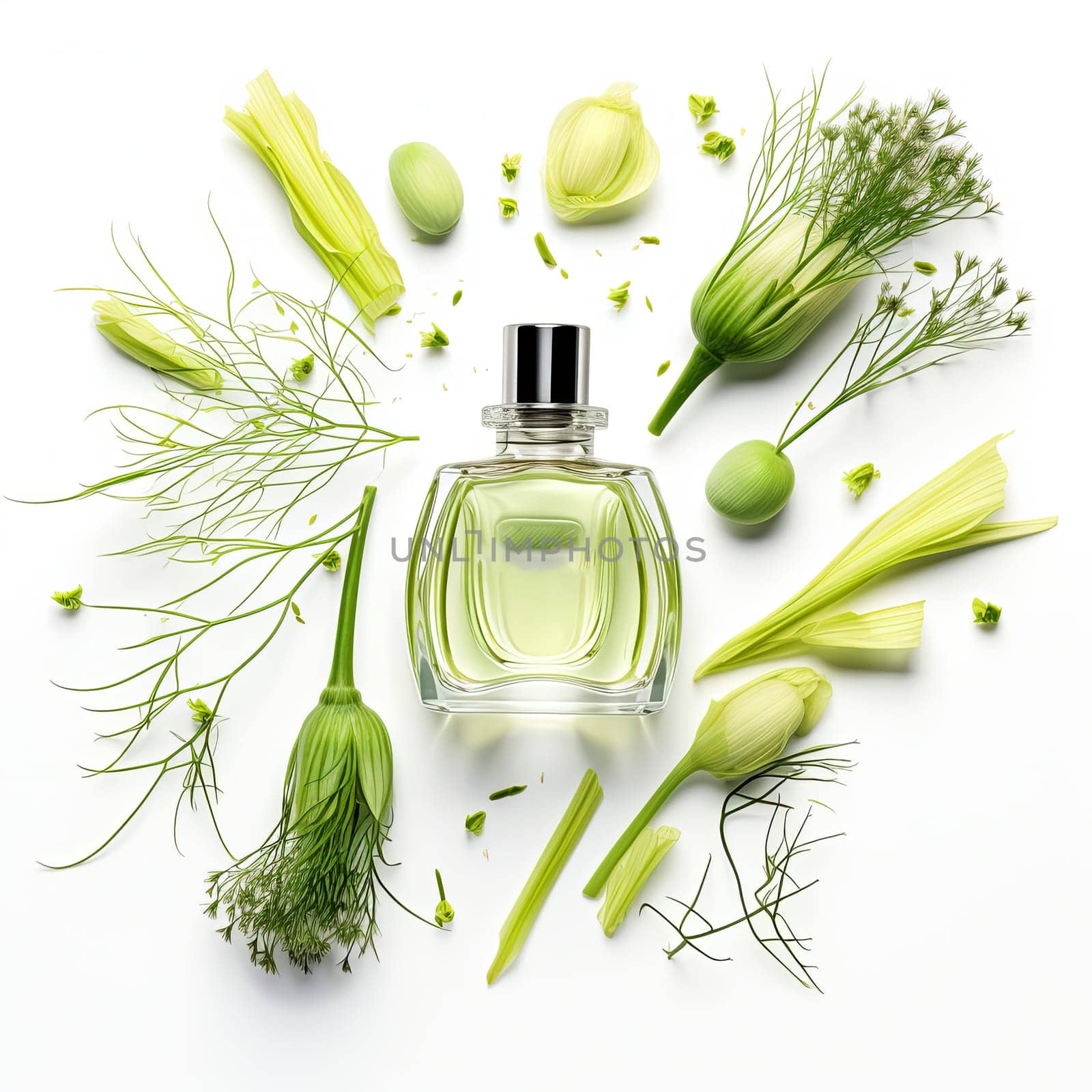 A stunning transparent perfume bottle with a silver cap is centered in the image, surrounded by vibrant green leaves and delicate white flowers against a bright white background.