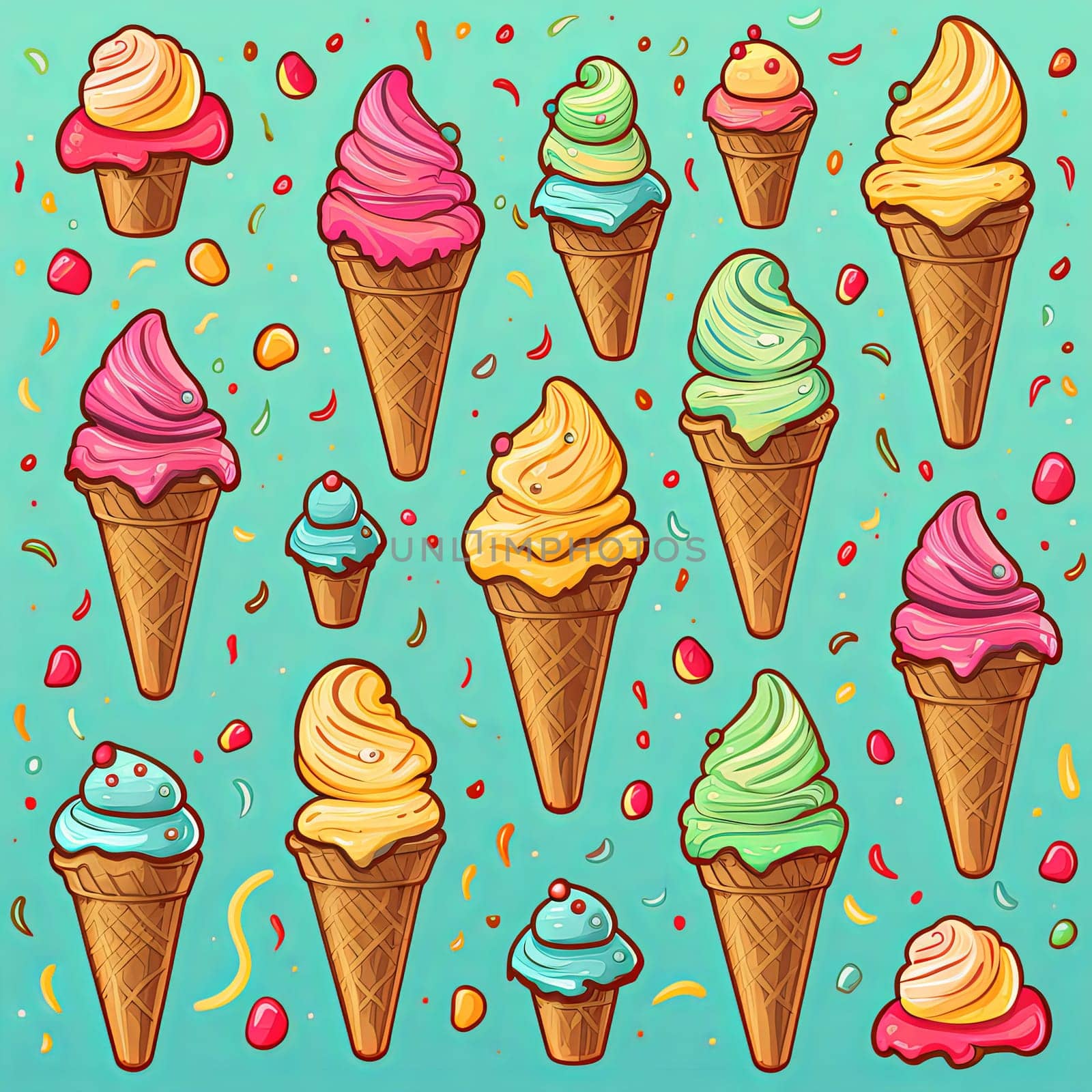 A cheerful pattern featuring colorful ice cream cones with sprinkles and small candies on an aqua background. This design embodies the fun and joy of summer treats in a playful way.