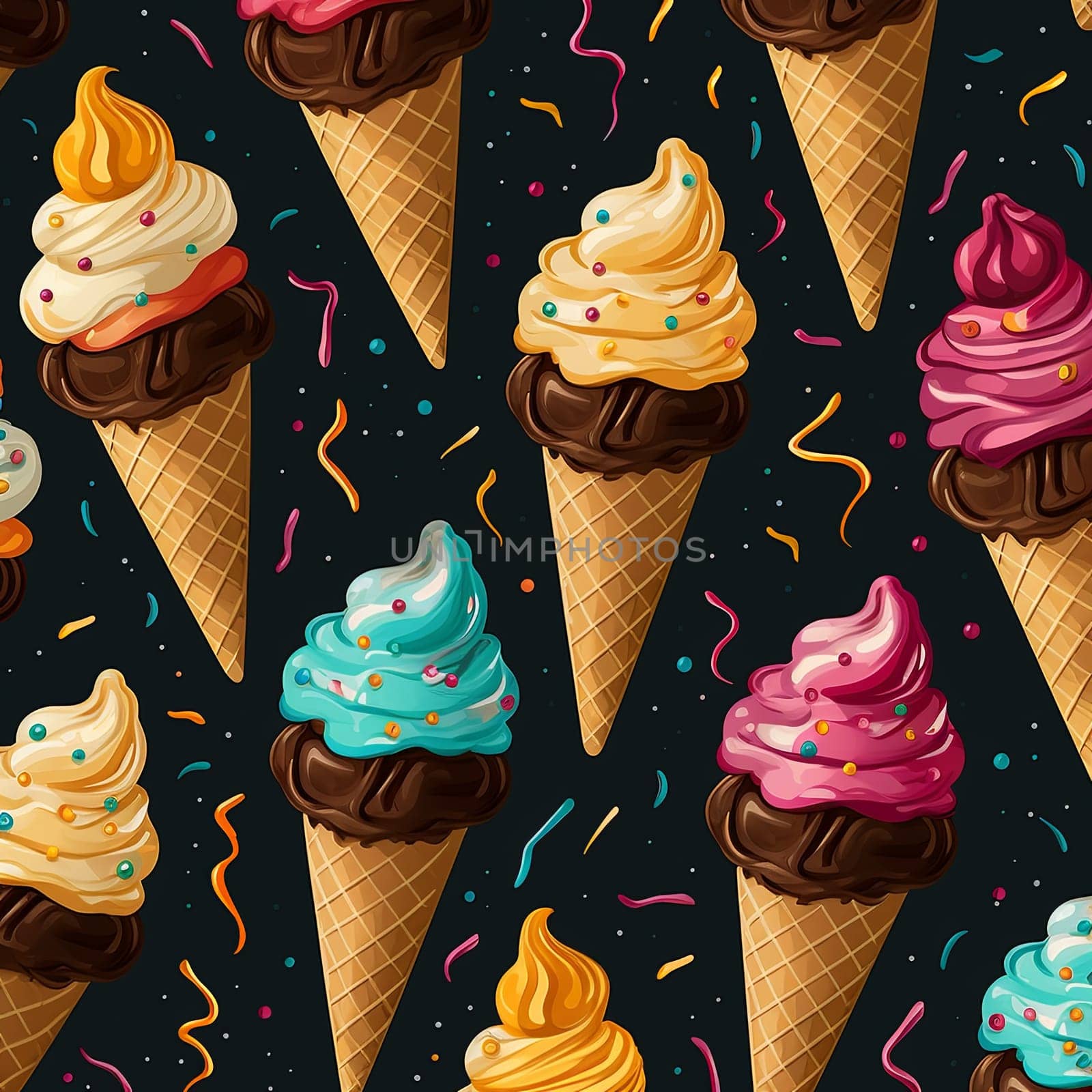 A delightful pattern of colorful ice cream cones on a dark background, perfect for summer-themed designs, party invitations, or textile prints. Fun, festive, and full of sweet indulgence.