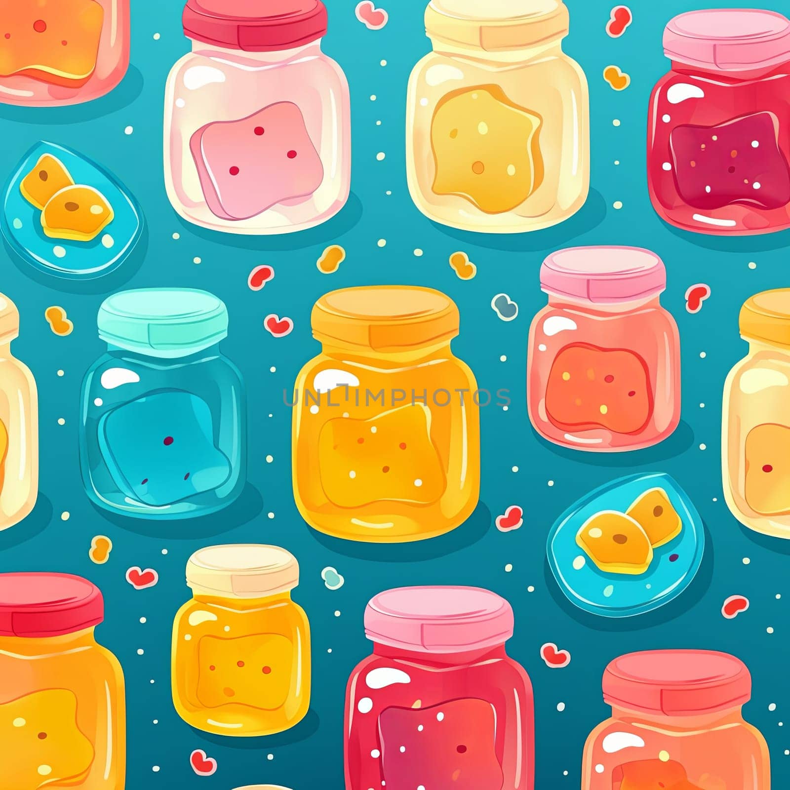 A vibrant pattern showcasing colorful jars of preserves, perfect for retro kitchen decor. This delightful design adds a nostalgic touch, ideal for various creative projects.