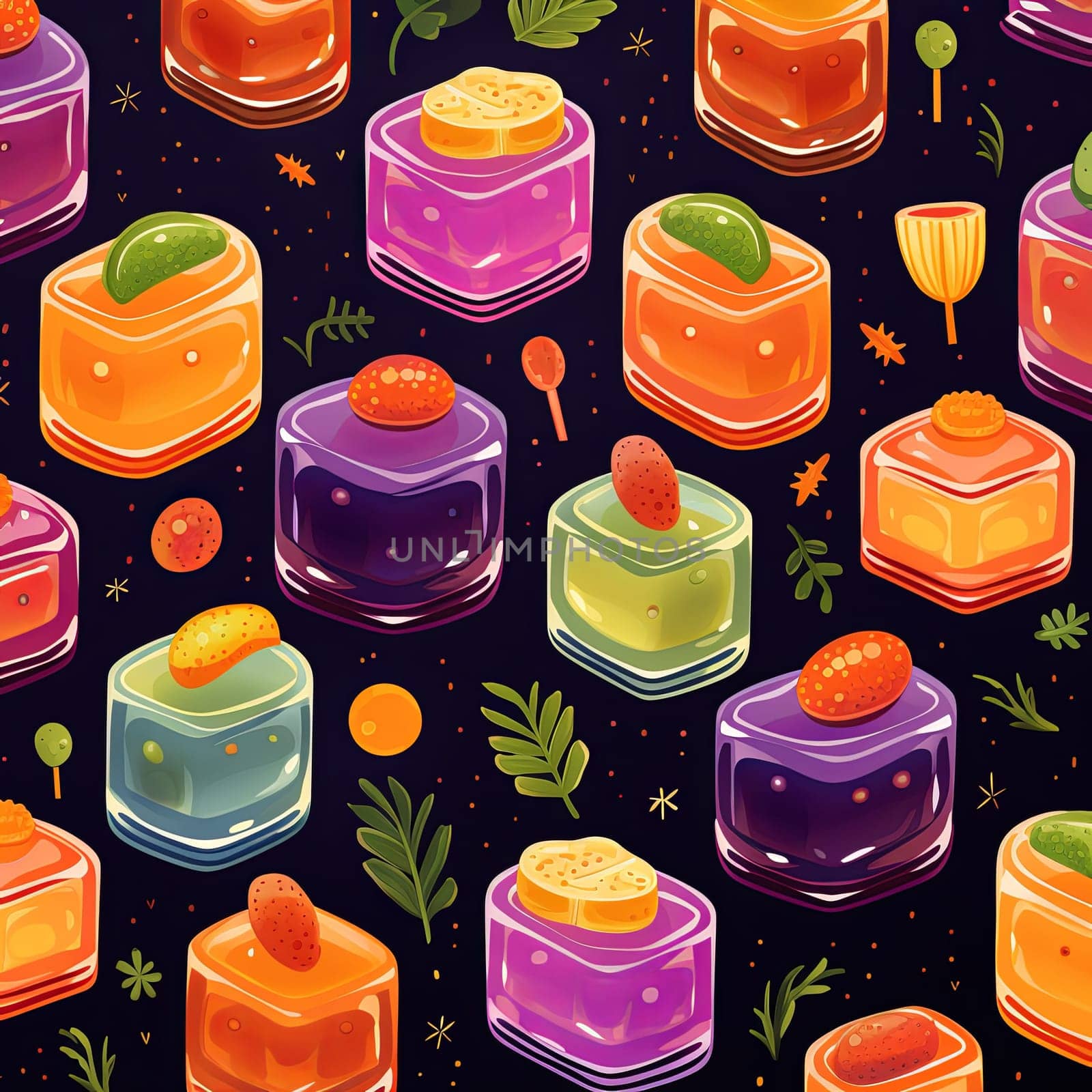 A fun pattern showcasing colorful jelly dessert cubes, ideal for backgrounds and textiles. This playful design adds a sweet touch to creative projects and culinary arts.