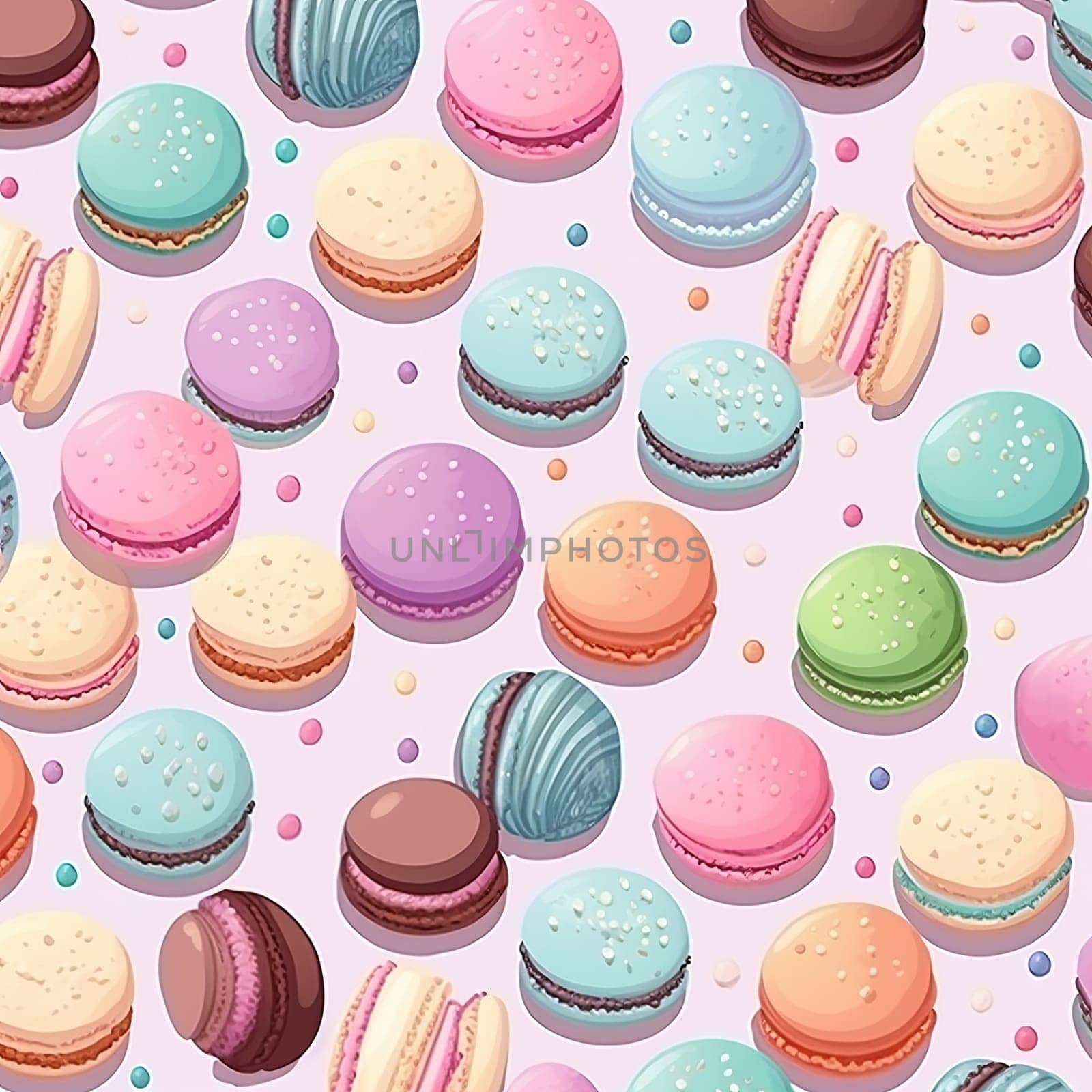 A pattern showcasing an array of colorful macarons. Ideal for backgrounds and designs related to desserts, baking, and sweet treats, perfect for food projects.