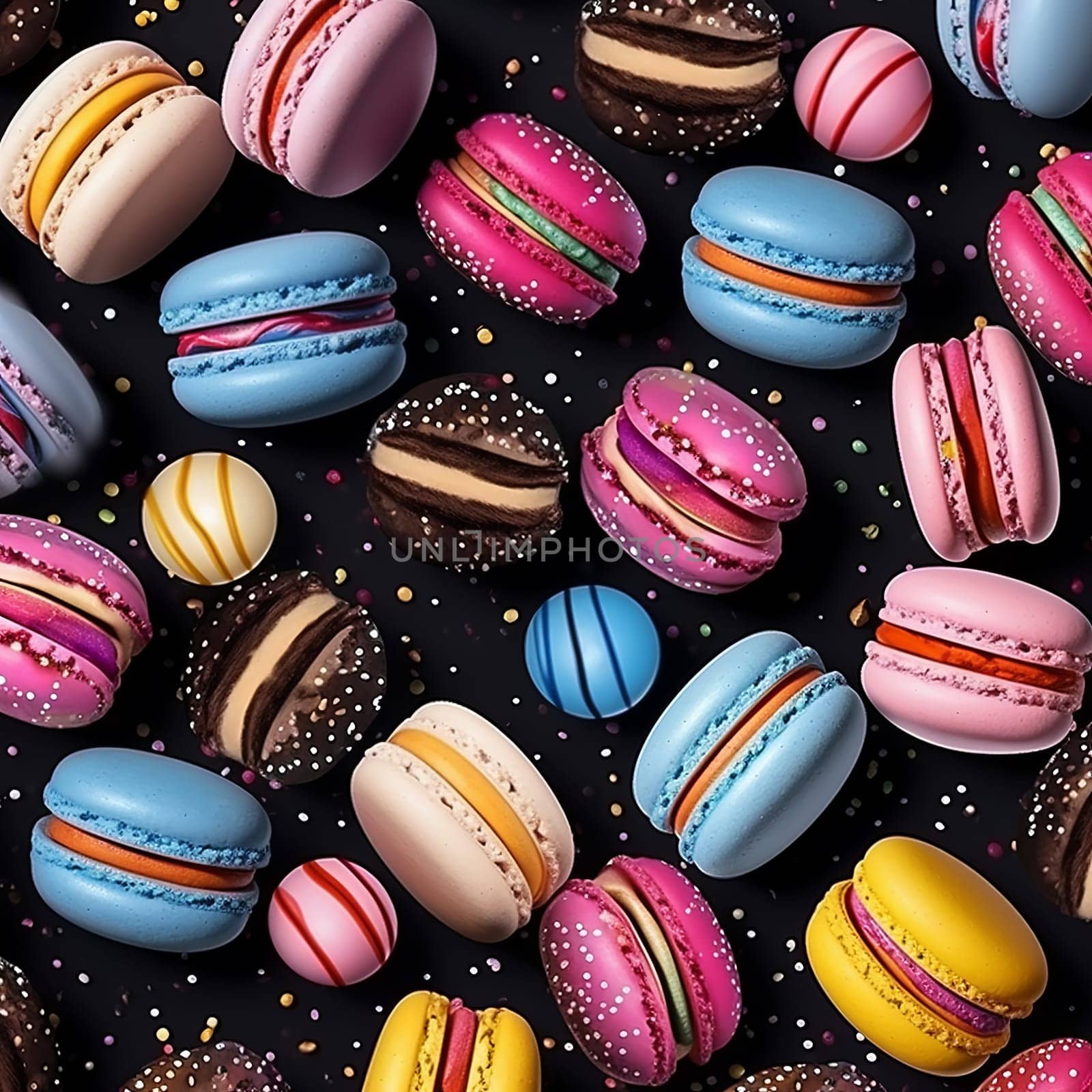 Experience the sweet symphony of colorful macarons and candies beautifully arranged against a deep backdrop. A delightful visual treat that evokes joy, celebration, and confectionery allure.