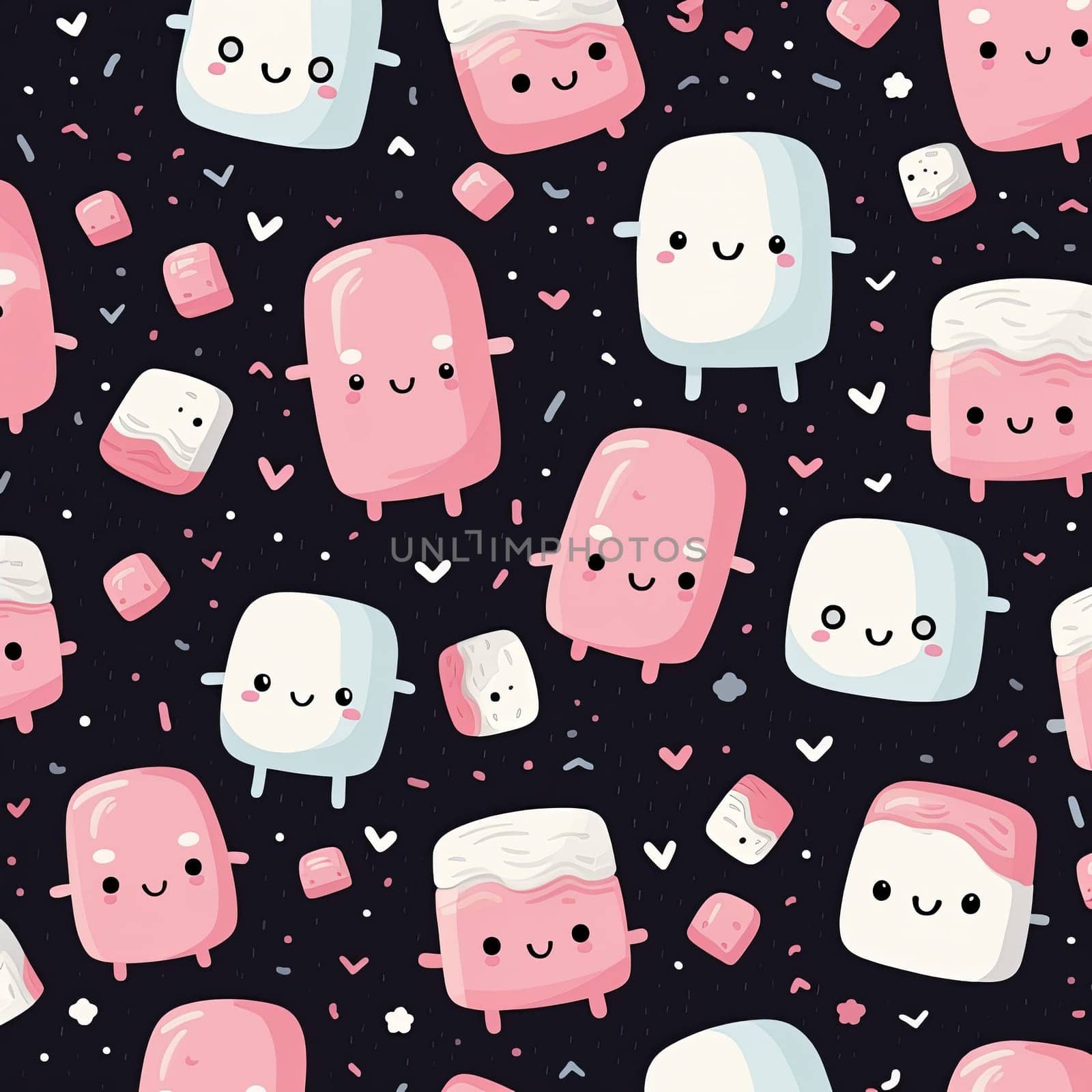 A cute pattern showcasing kawaii marshmallows in pink and white. Ideal for sweet-themed designs, backgrounds, and children s products related to confectionery.