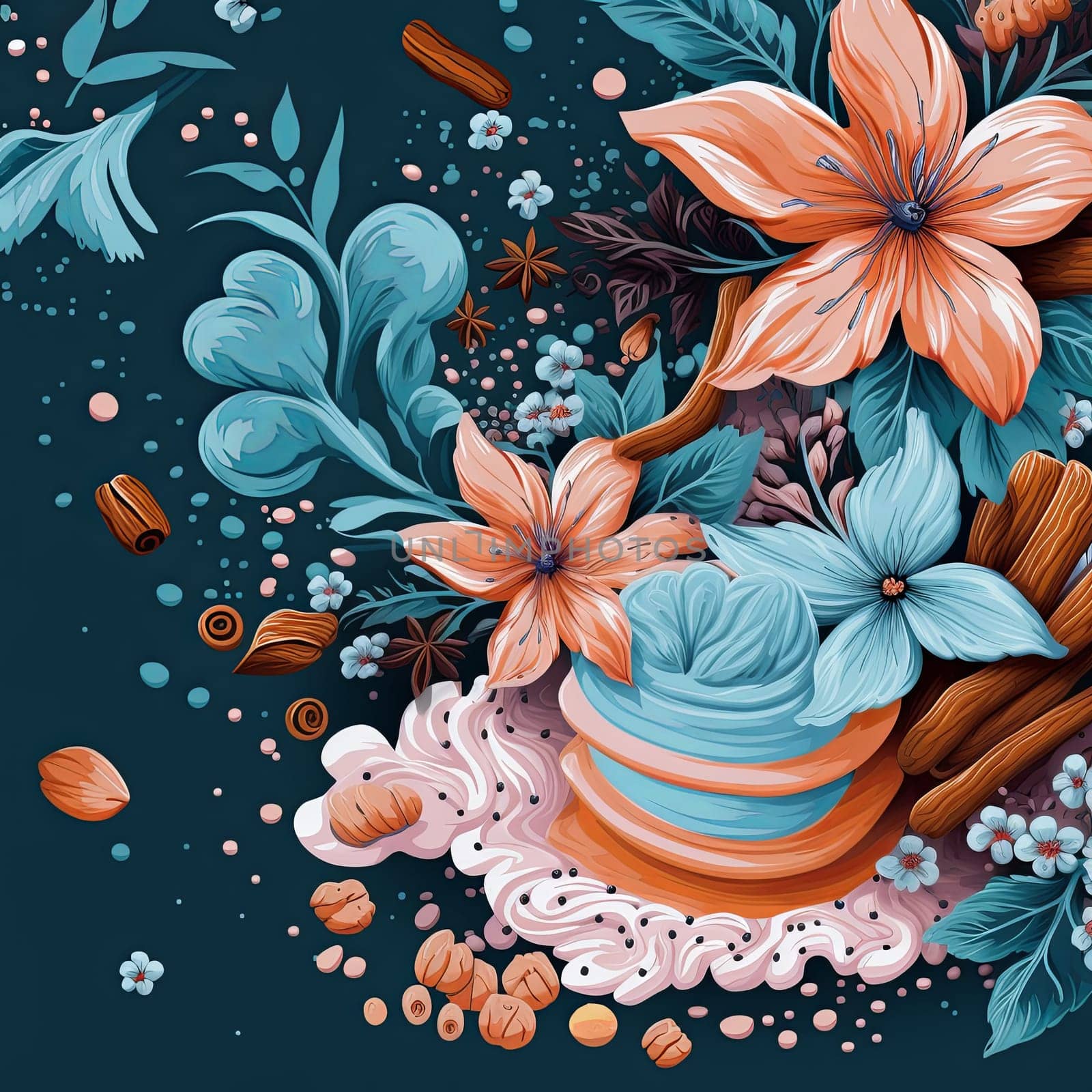 Whimsical illustration of a floral dessert still life. Featuring flowers, nuts, spices, and abstract forms in decorative arrangement. Ideal for backgrounds, prints, creative projects, and design.