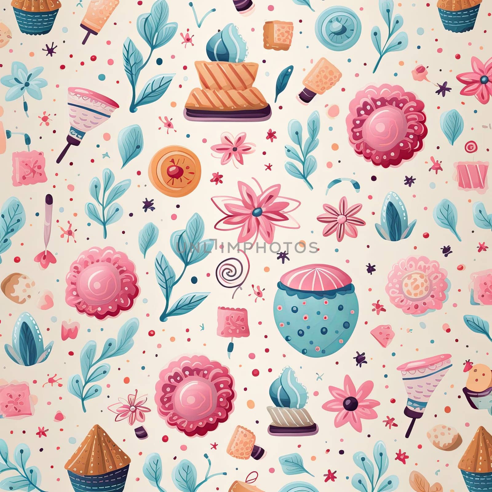 A delightful pattern featuring colorful desserts and flowers, elegantly arranged with whimsical foliage on a soft beige background. This design radiates joy and creativity.