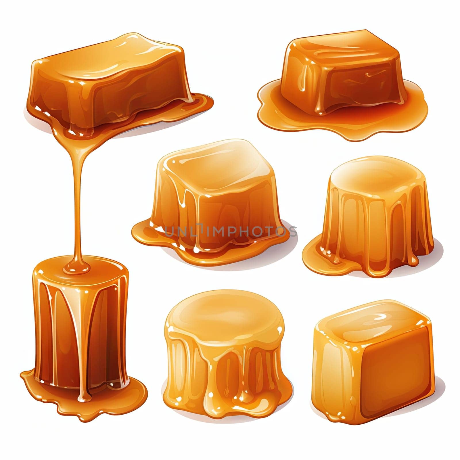Savor the sweet delight of caramel candies, perfect for dessert lovers. Isolated on a white background, these treats are ideal for confectionery designs and promotional uses.
