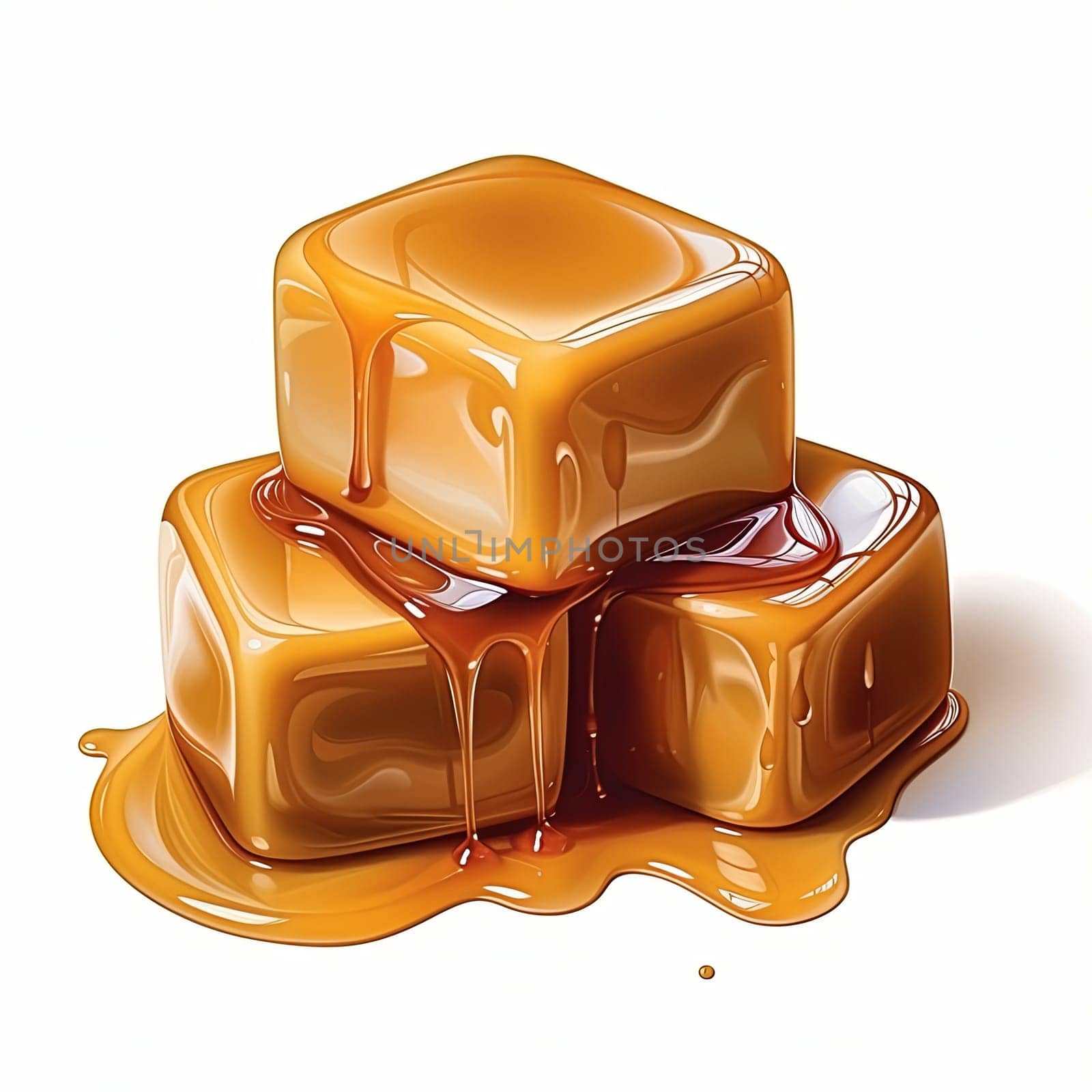 Indulge in three caramel candies stacked high and drizzled with golden syrup. Isolated on a white background, this image is perfect for showcasing desserts and confectionery treats.