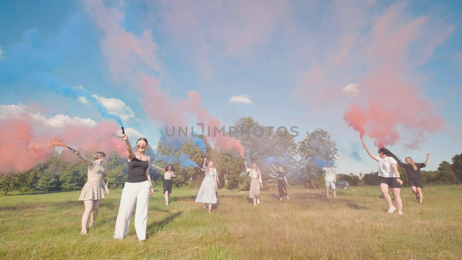 Group of teenagers celebrating in a sunny field, creating vibrant colored smoke during summer holidays, enjoying friendship and carefree fun