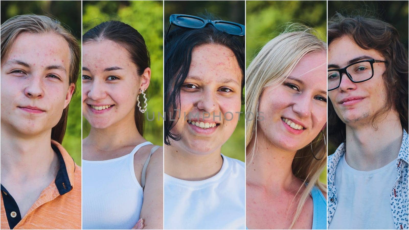 Cheerful portrait collage featuring five diverse high school students expressing their happiness