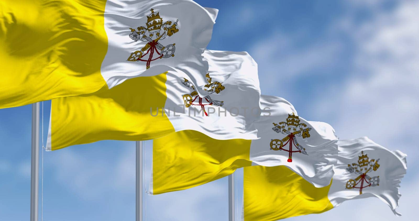 Flags of Vatican City waving in the wind on a clear day. Vertical bicolour of gold and white with the coat of arms centred on the white portion. 3d illustration render. Fluttering fabric