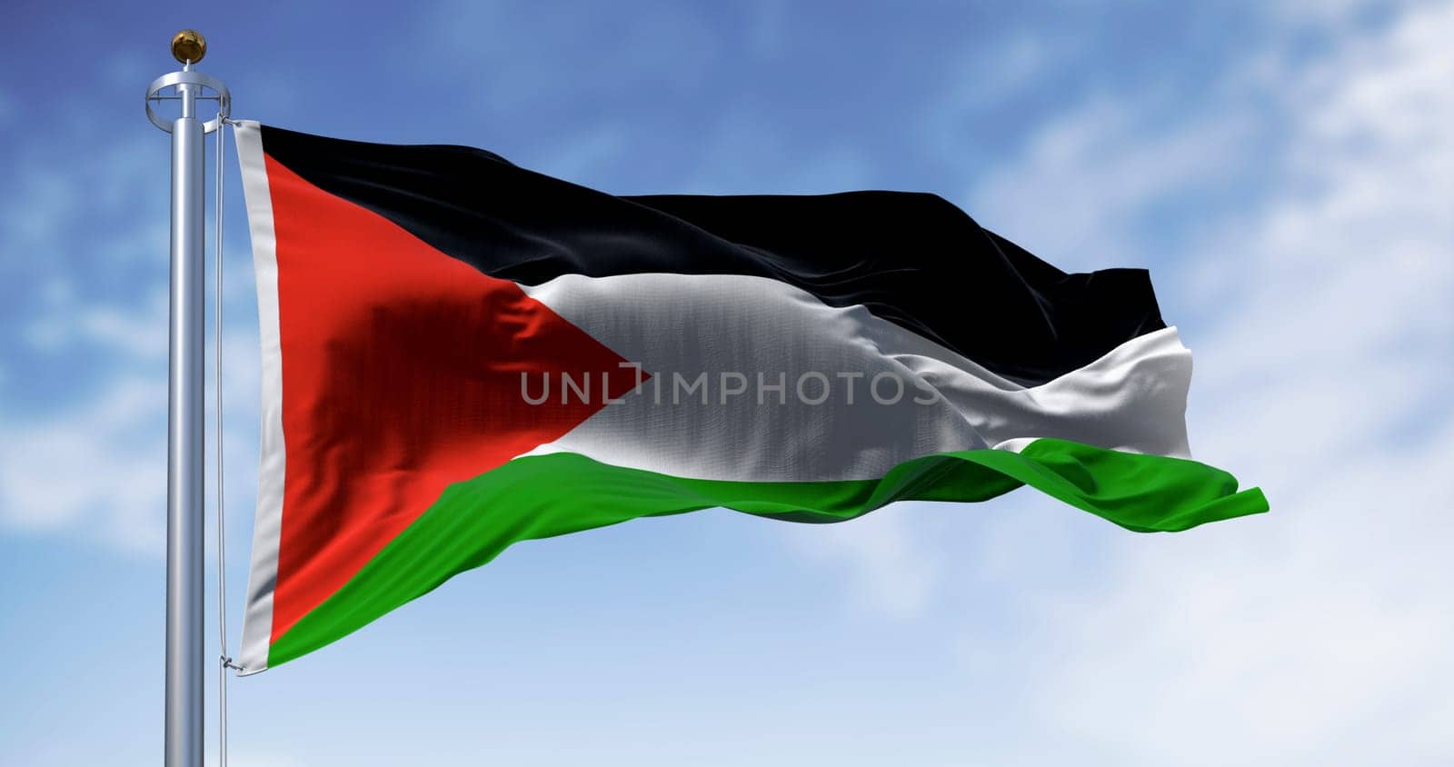 Palestine national flag waving on a clear day. Three black, white, green stripes with red triangle on left. 3d illustration render. Selective focus. Close-up. Rippling fabric. Selective focus