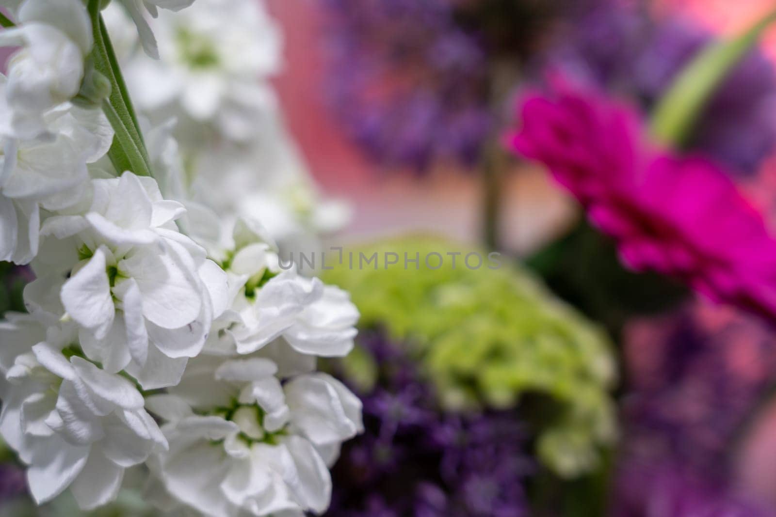 A collection of various flowers in a vase showcases bright colors and textures. The arrangement features white, purple, and pink blooms, perfect for spring decor in a cheerful setting.