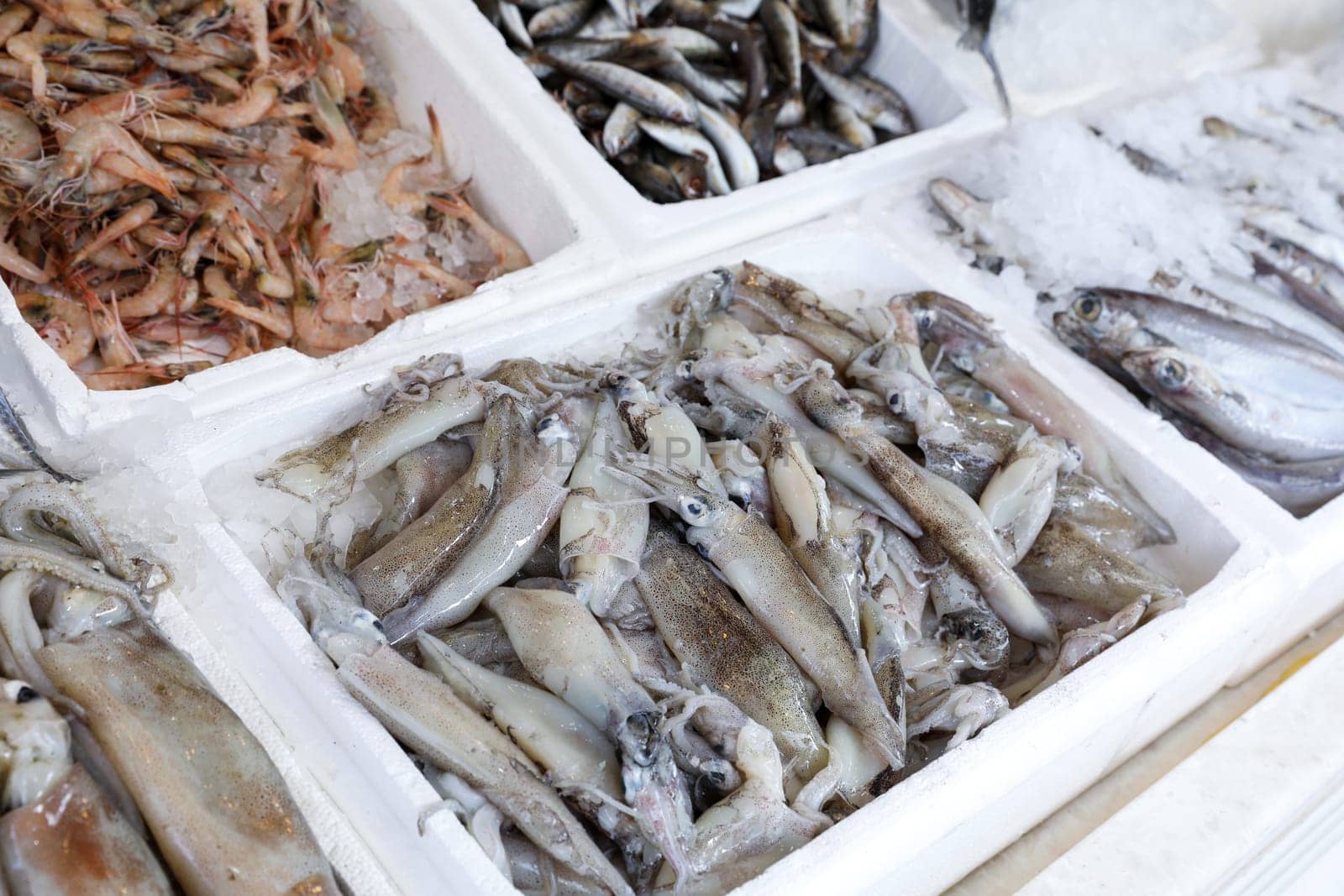 Colorful assortment of fresh seafood displays in Greek fish market. Ice surrounds various fish types, creating an inviting atmosphere for shoppers.