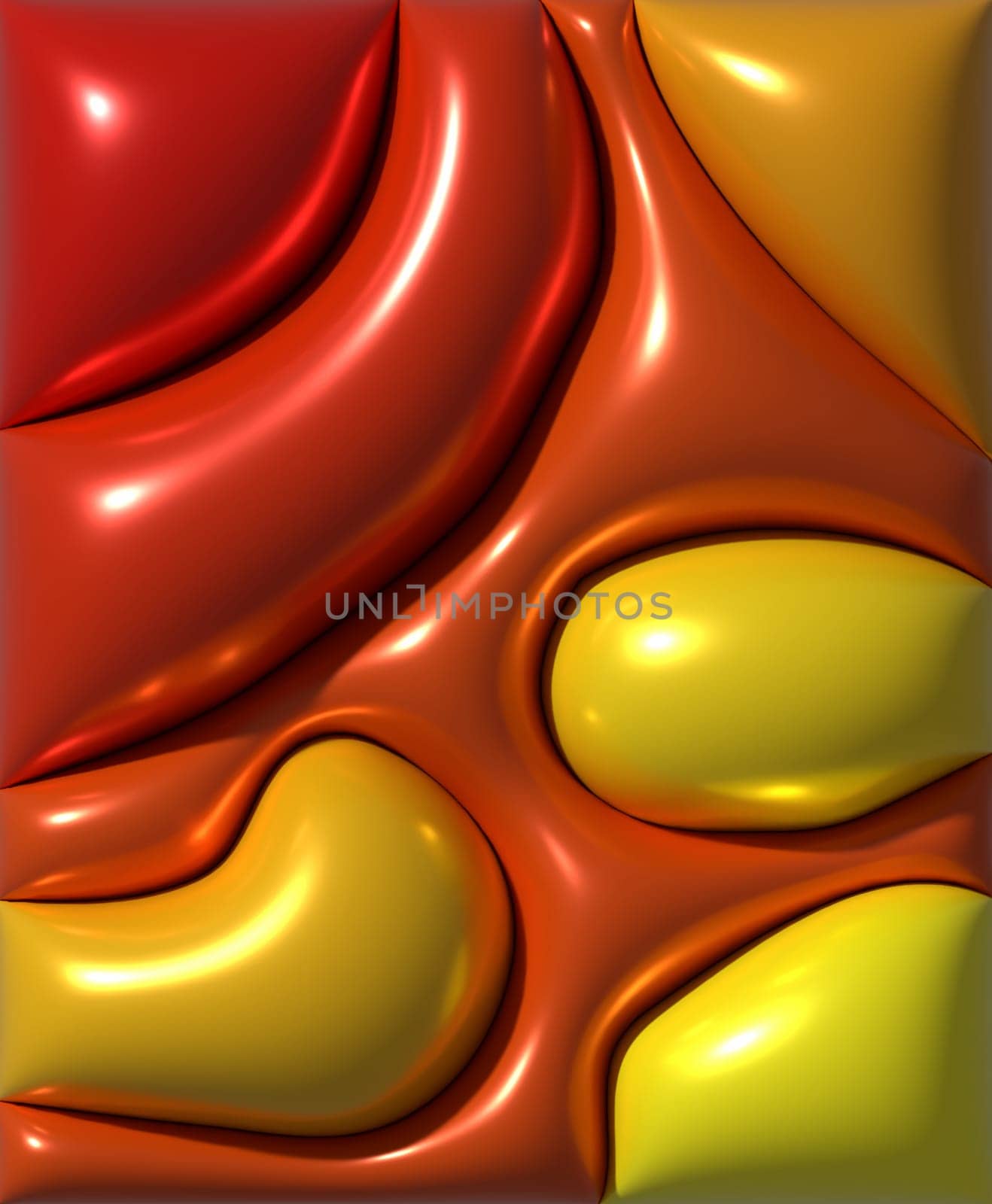 Abstract composition of red and yellow glossy shapes, 3D rendering illustration