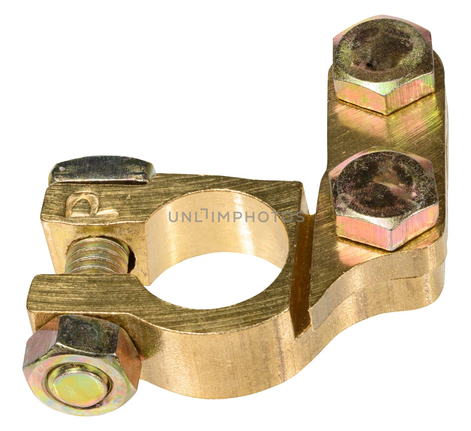 Metal car battery terminal clamp positive or negative, isolated  background. Automotive electrical spare part close-up for repair or service themes