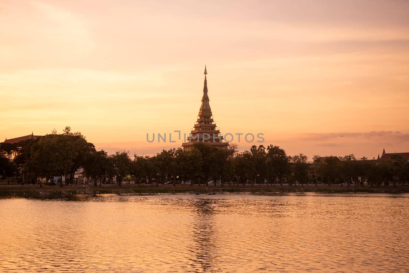 Phra Mahathat Kaen Nakhon at  Buen Kaen Nakhon Lake  in City and Province Khon Kaen in Thailand. Thailand, Khon Kaen, December, 7, 2024