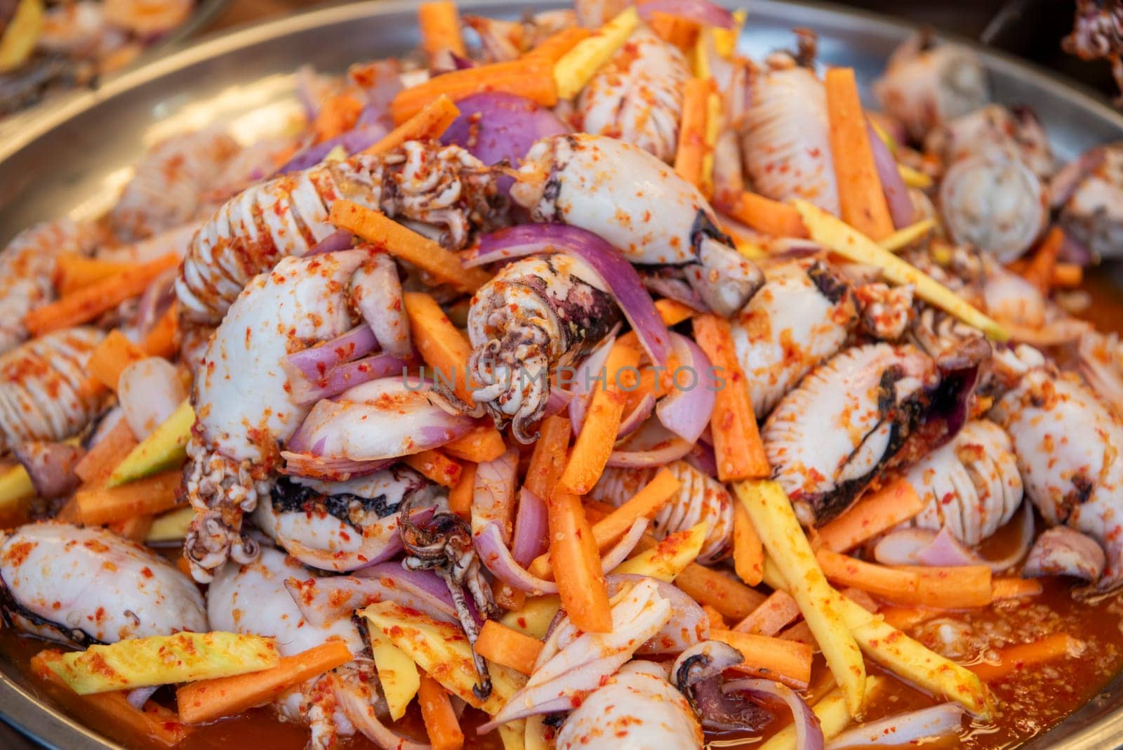 Seafood at Thai Food Market on Wat Saket Festival Fair in Bangkok in Thailand.  Thailand, Bangkok, November, 8, 2024.