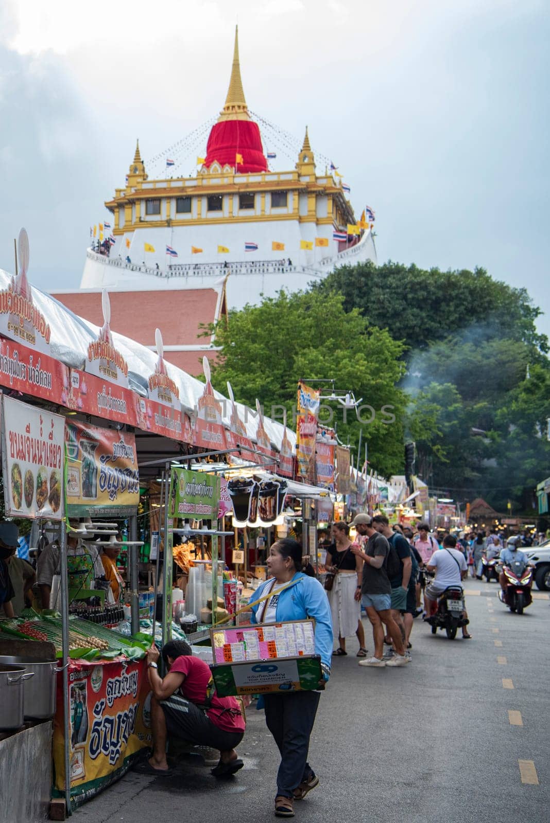 Thai Food Market at Golden Mount on Wat Saket Festival Fair in Bangkok in Thailand.  Thailand, Bangkok, November, 8, 2024.