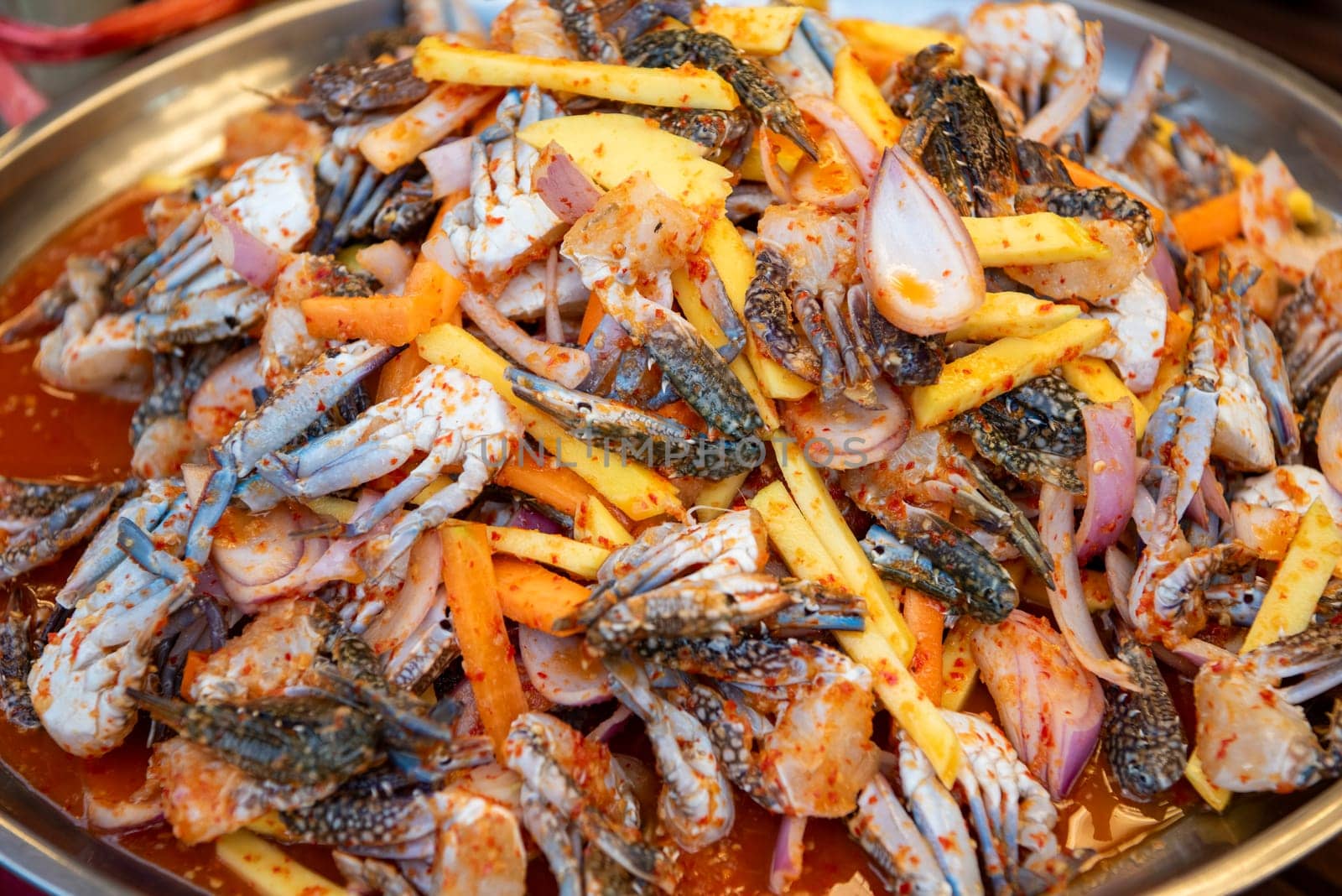 Seafood at Thai Food Market on Wat Saket Festival Fair in Bangkok in Thailand.  Thailand, Bangkok, November, 8, 2024.