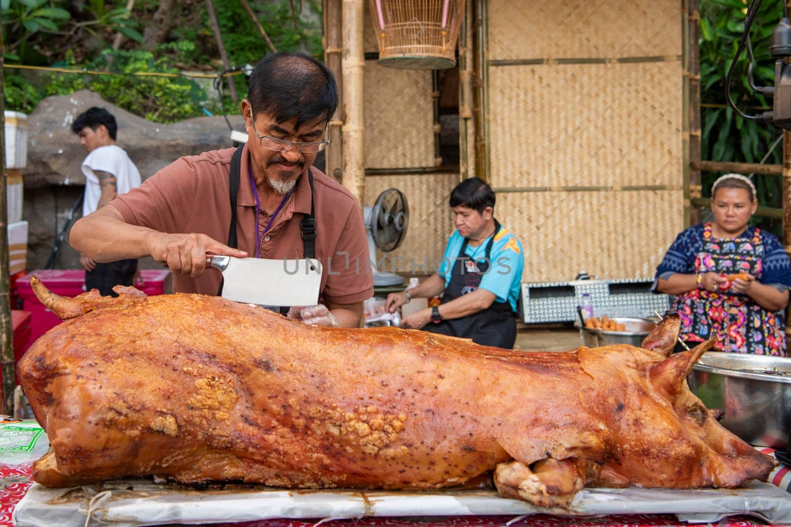 Pork meat at Thai Food Market on Wat Saket Festival Fair in Bangkok in Thailand.  Thailand, Bangkok, November, 8, 2024.