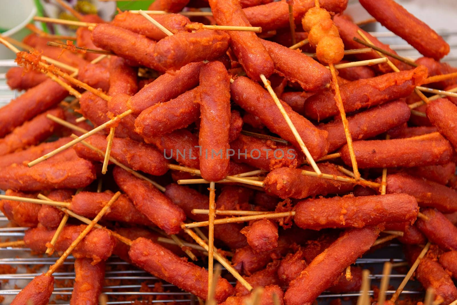 meat stick at Thai Food Market on Wat Saket Festival Fair in Bangkok in Thailand.  Thailand, Bangkok, November, 8, 2024.