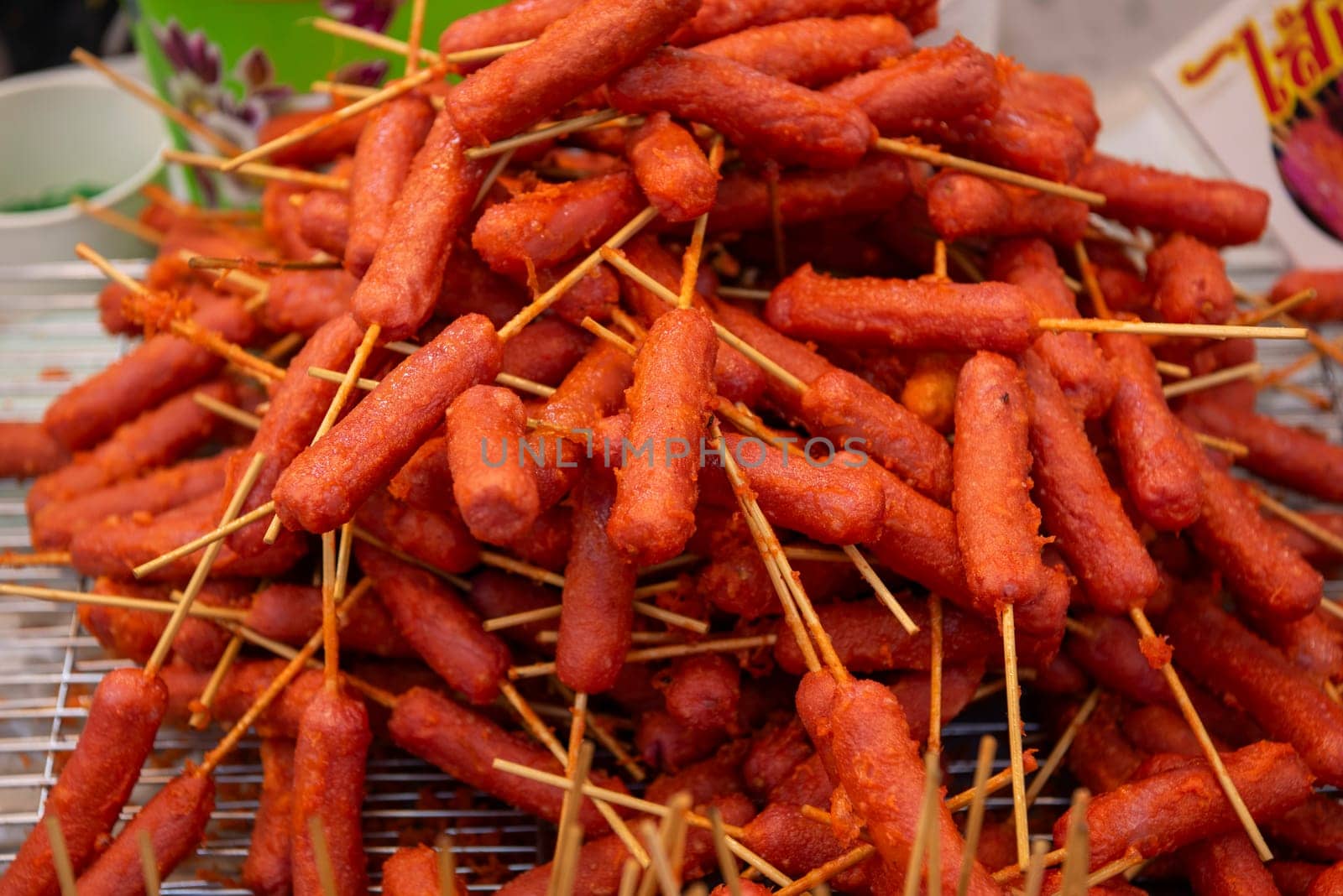 meat stick at Thai Food Market on Wat Saket Festival Fair in Bangkok in Thailand.  Thailand, Bangkok, November, 8, 2024.
