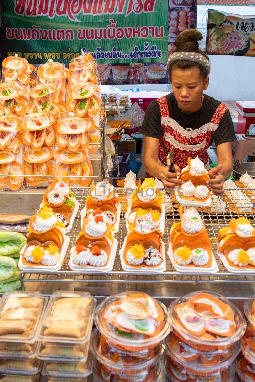 Thai sweets at Thai Food Market on Wat Saket Festival Fair in Bangkok in Thailand.  Thailand, Bangkok, November, 8, 2024.