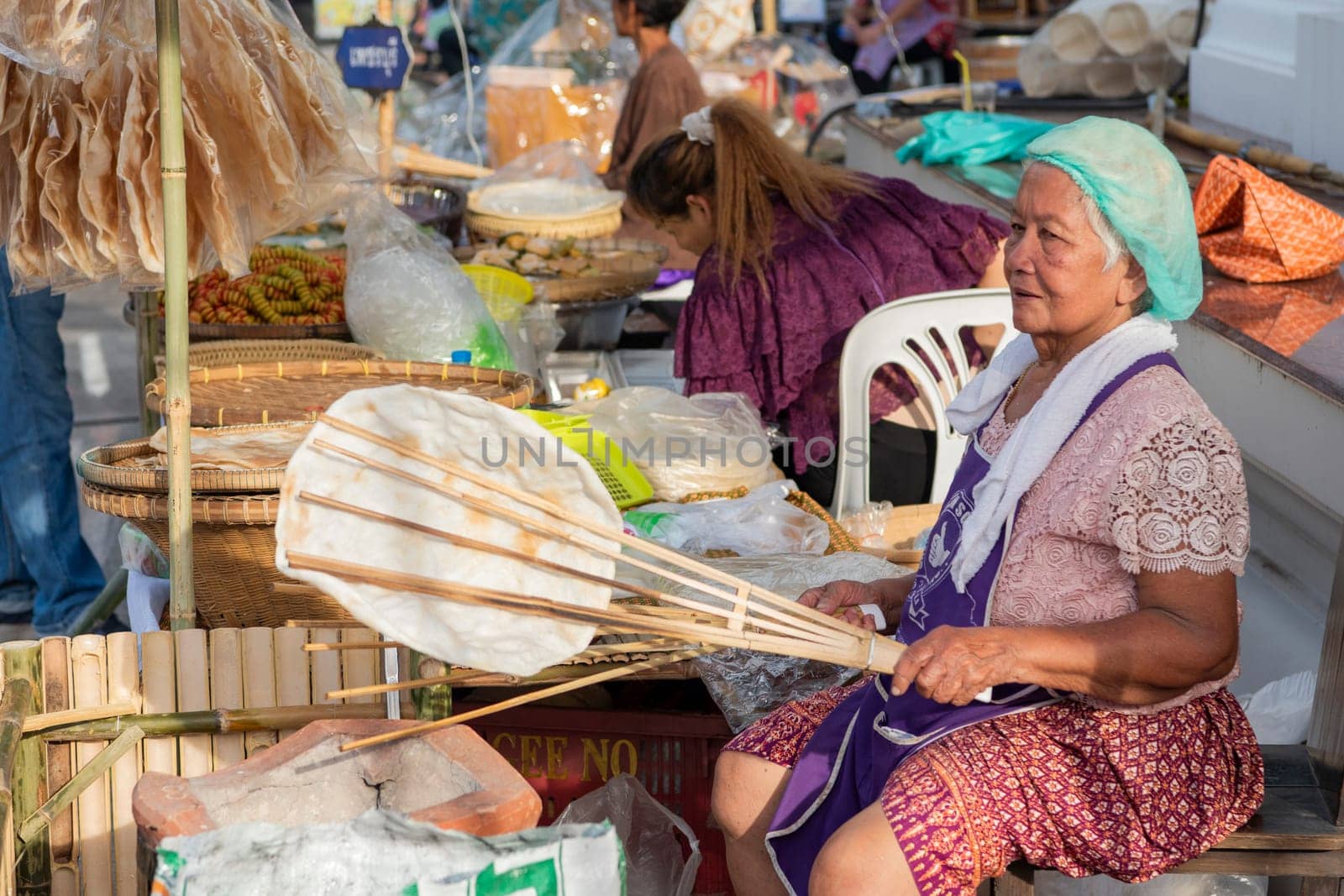 fresh Flatbread at Thai Food Market on Wat Saket Festival Fair in Bangkok in Thailand.  Thailand, Bangkok, November, 8, 2024.