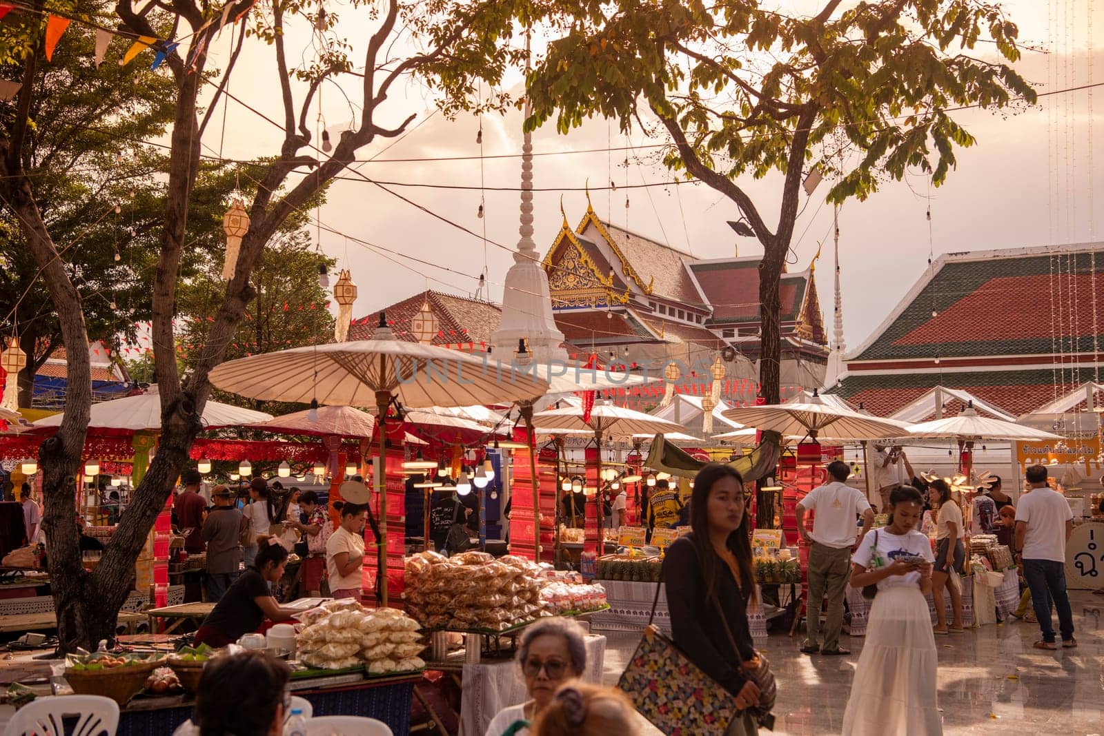 Thai Food Market at Wat Saket Festival Fair in Bangkok in Thailand.  Thailand, Bangkok, November, 8, 2024.