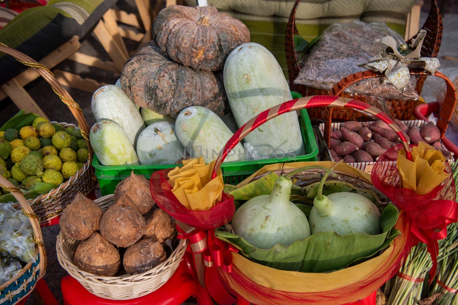 Papaya at Thai Food Market on Wat Saket Festival Fair in Bangkok in Thailand.  Thailand, Bangkok, November, 8, 2024.