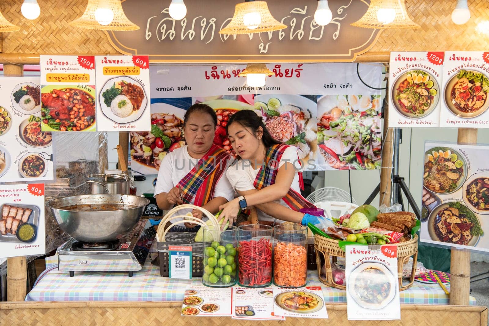 Spicy Food at Thai Food Market on Wat Saket Festival Fair in Bangkok in Thailand.  Thailand, Bangkok, November, 8, 2024.