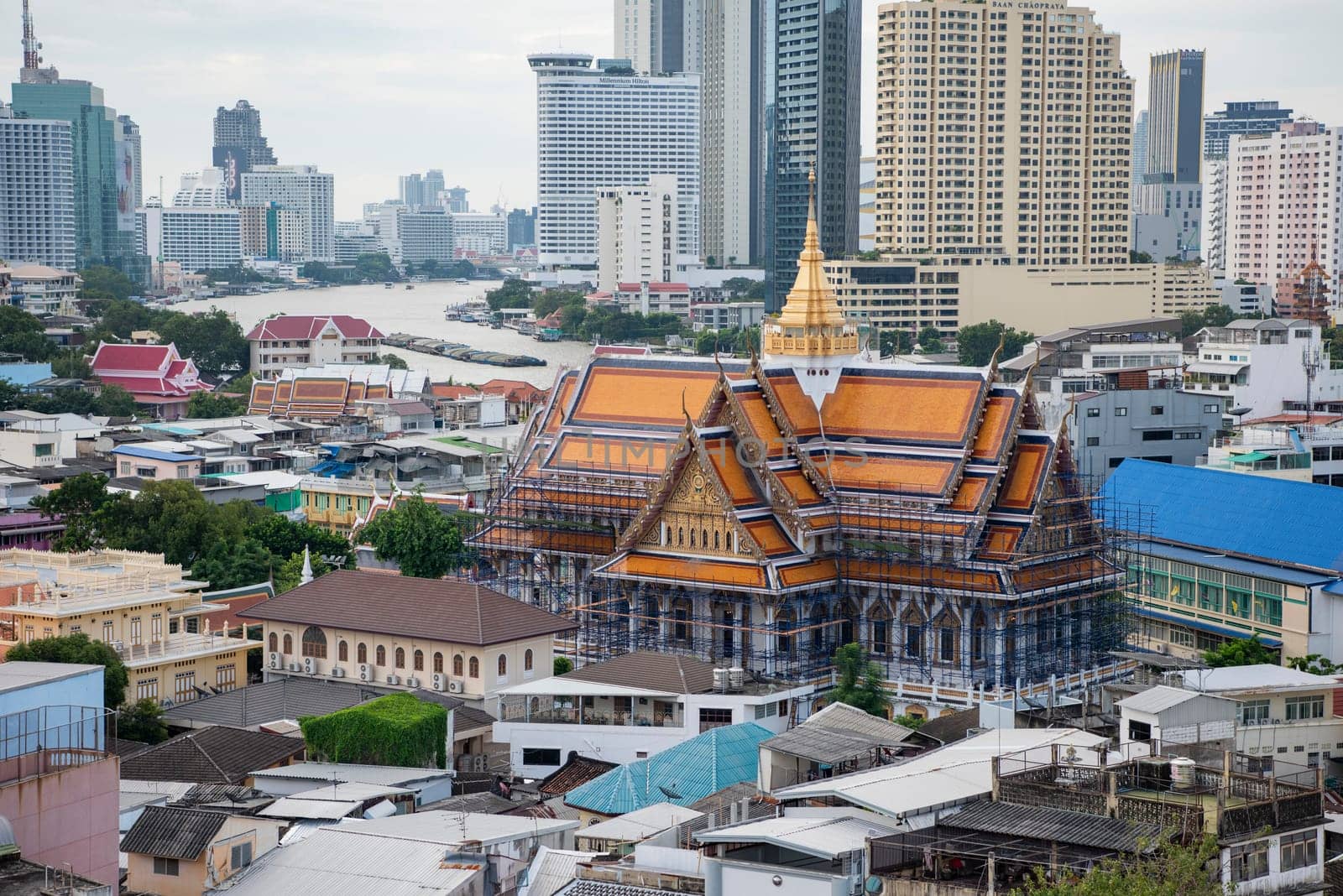Wat Ko in the China Town with skyline in the City of Bangkok in Thailand.  Thailand, Bangkok, November, 5, 2024.