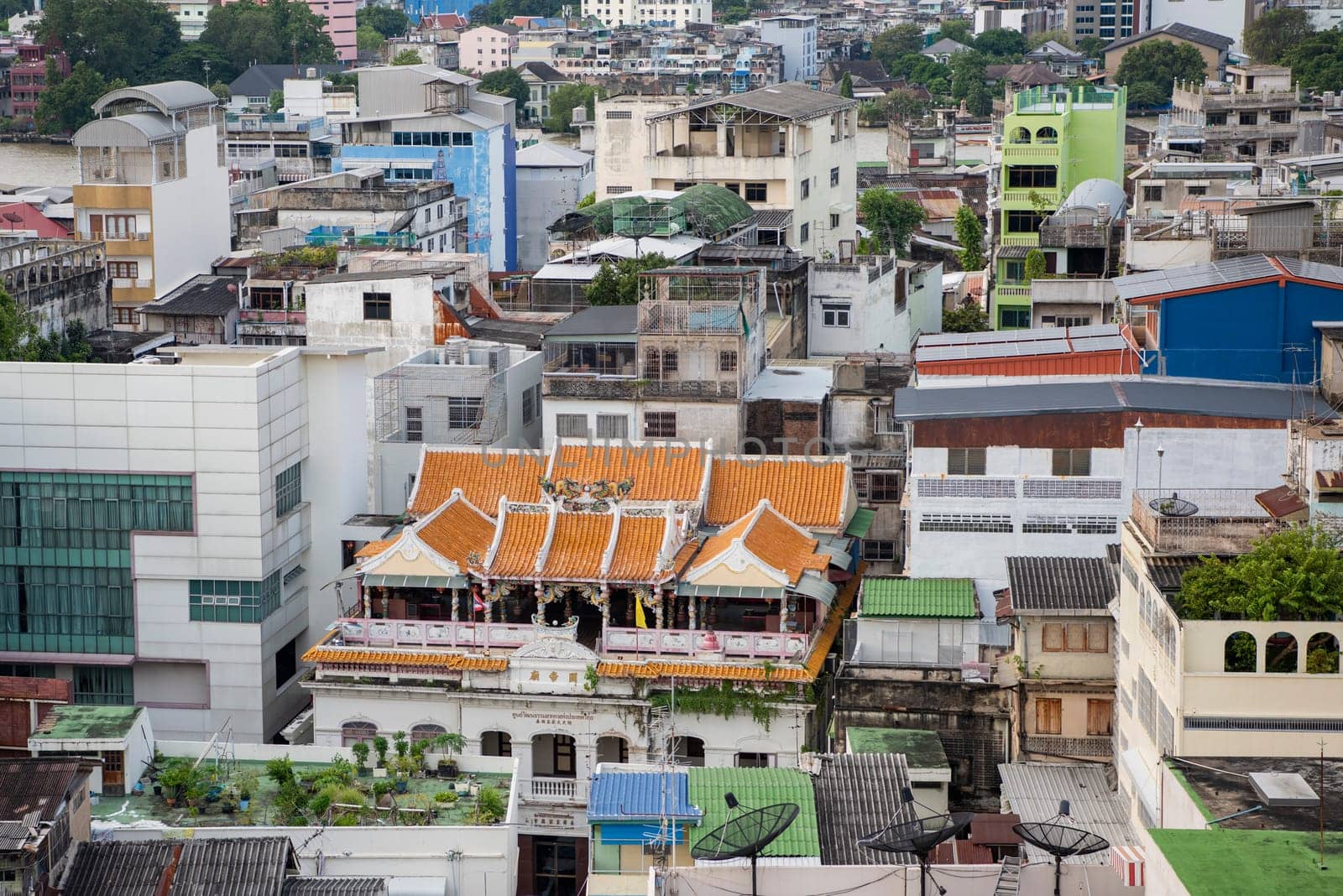 Old Chinese Building in the China Town with skyline in the City of Bangkok in Thailand.  Thailand, Bangkok, November, 5, 2024.