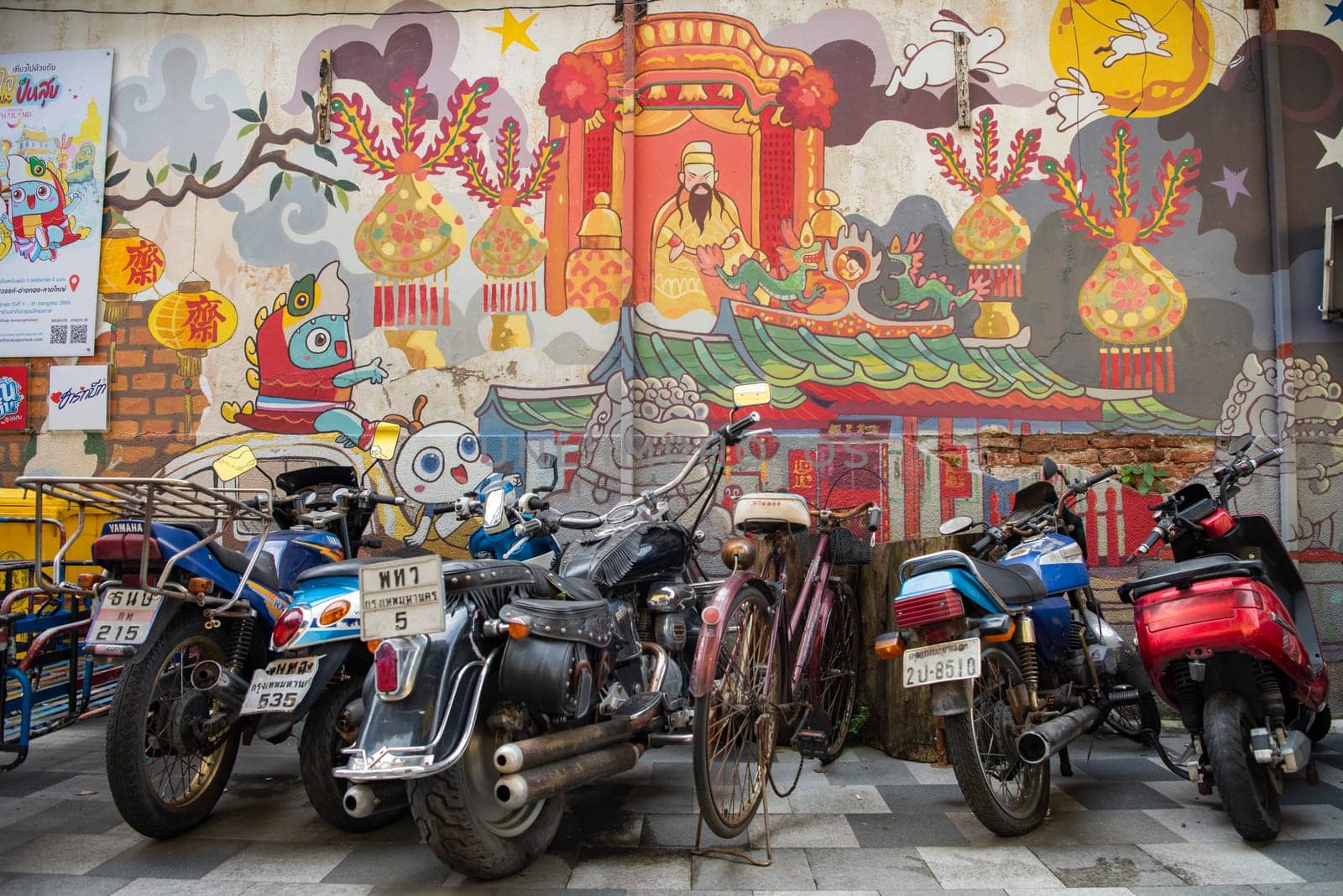 Street art and Paintings on a alley in Talat Noi at China Town in City of Bangkok in Thailand.  Thailand, Bangkok, November, 5, 2024.