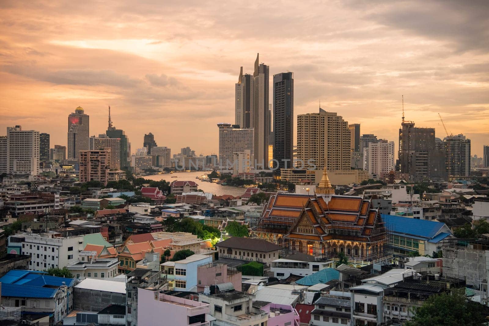 Wat Ko in the China Town with skyline in the City of Bangkok in Thailand.  Thailand, Bangkok, November, 5, 2024.