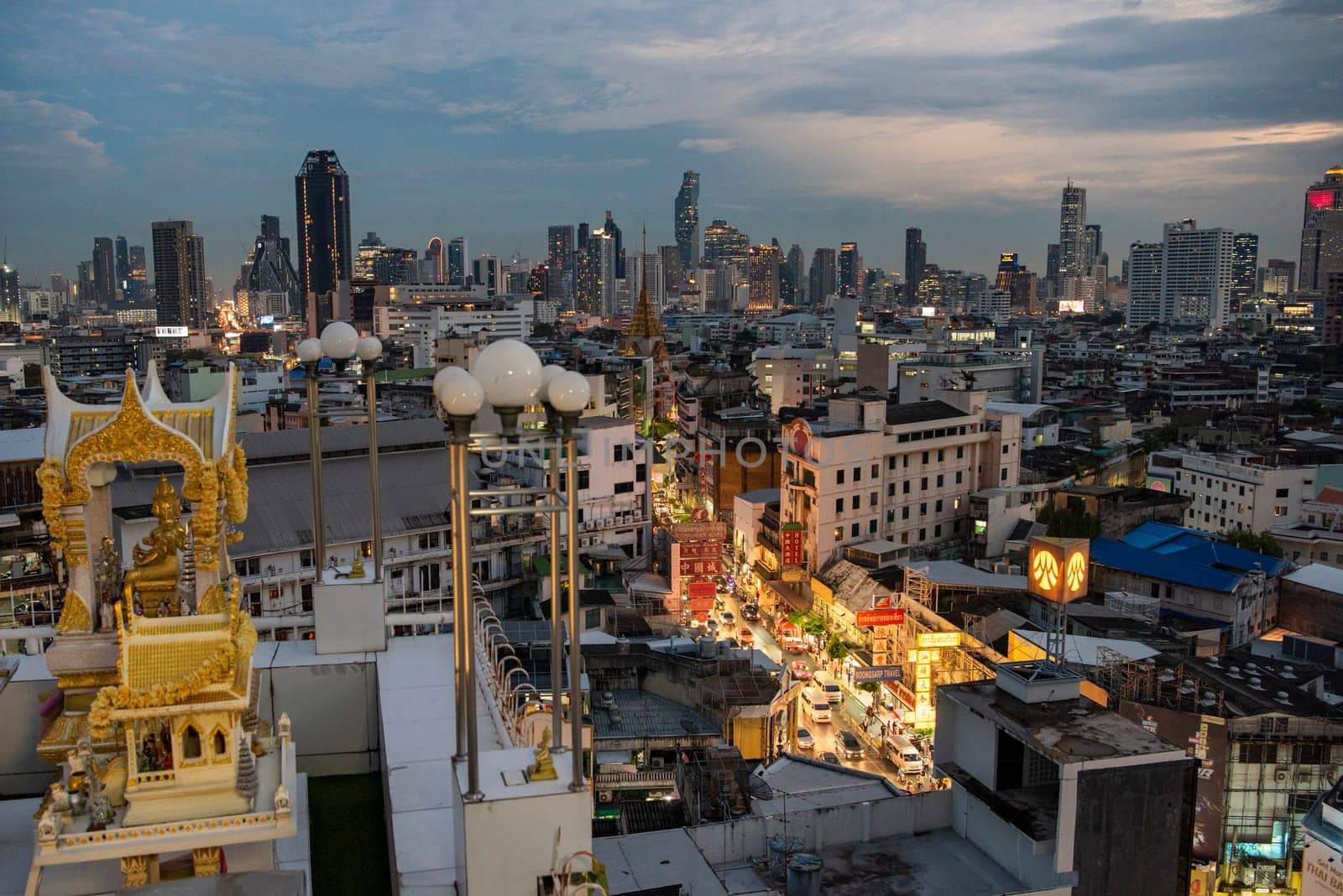 a view on Yaowarat Road in China Town with skyline in City of Bangkok in Thailand.  Thailand, Bangkok, November, 5, 2024.