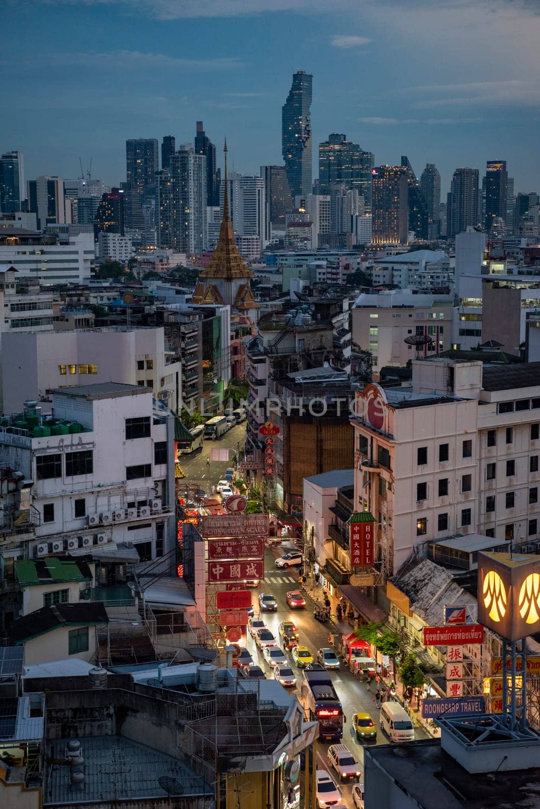 a view on Yaowarat Road in China Town with skyline in City of Bangkok in Thailand.  Thailand, Bangkok, November, 5, 2024.