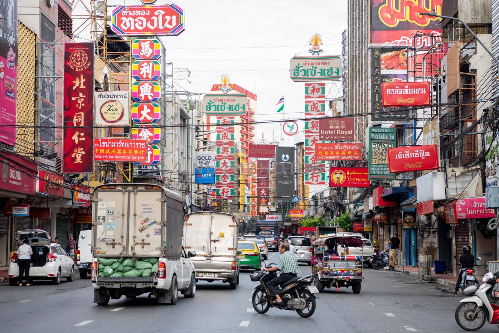 Traffic on the Yaowarat Road in Chinatown in City of Bangkok in Thailand.  Thailand, Bangkok, November, 6, 2024.