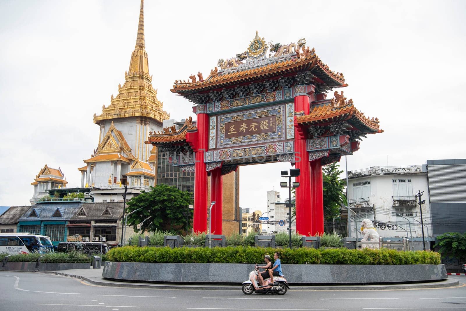 The Chinese Gate at Wat Traimit in Chinatown in the City of Bangkok in Thailand.  Thailand, Bangkok, November, 6, 2024.