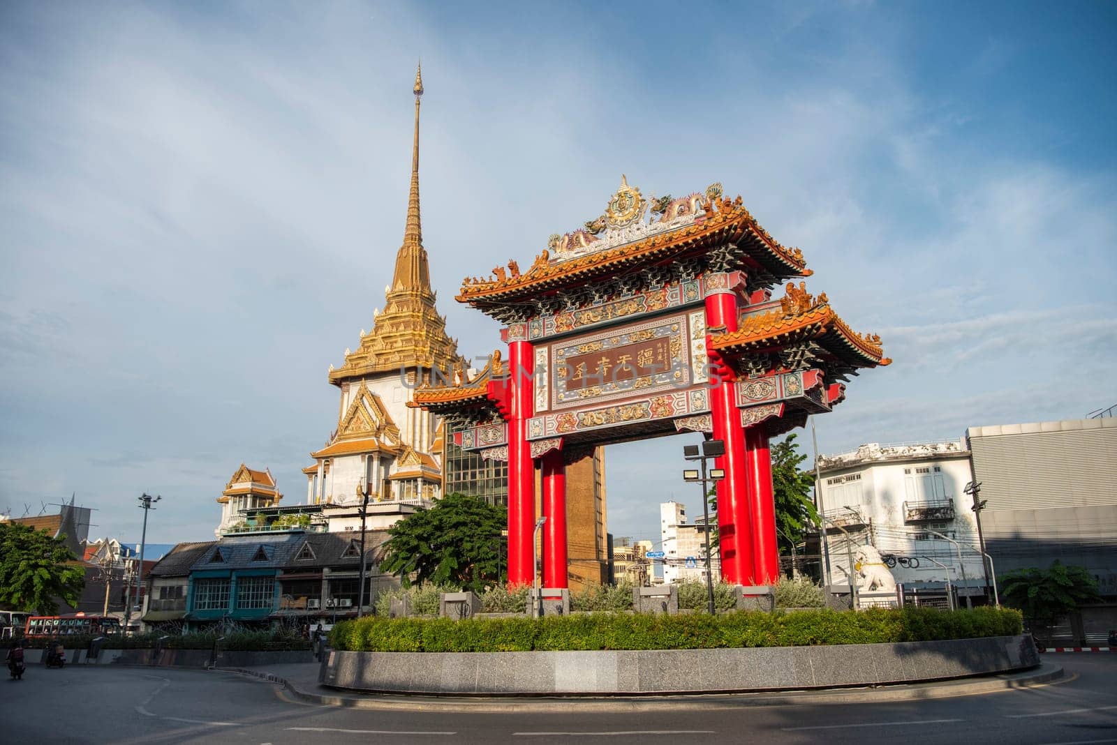 The Chinese Gate at Wat Traimit in Chinatown in the City of Bangkok in Thailand.  Thailand, Bangkok, November, 6, 2024.