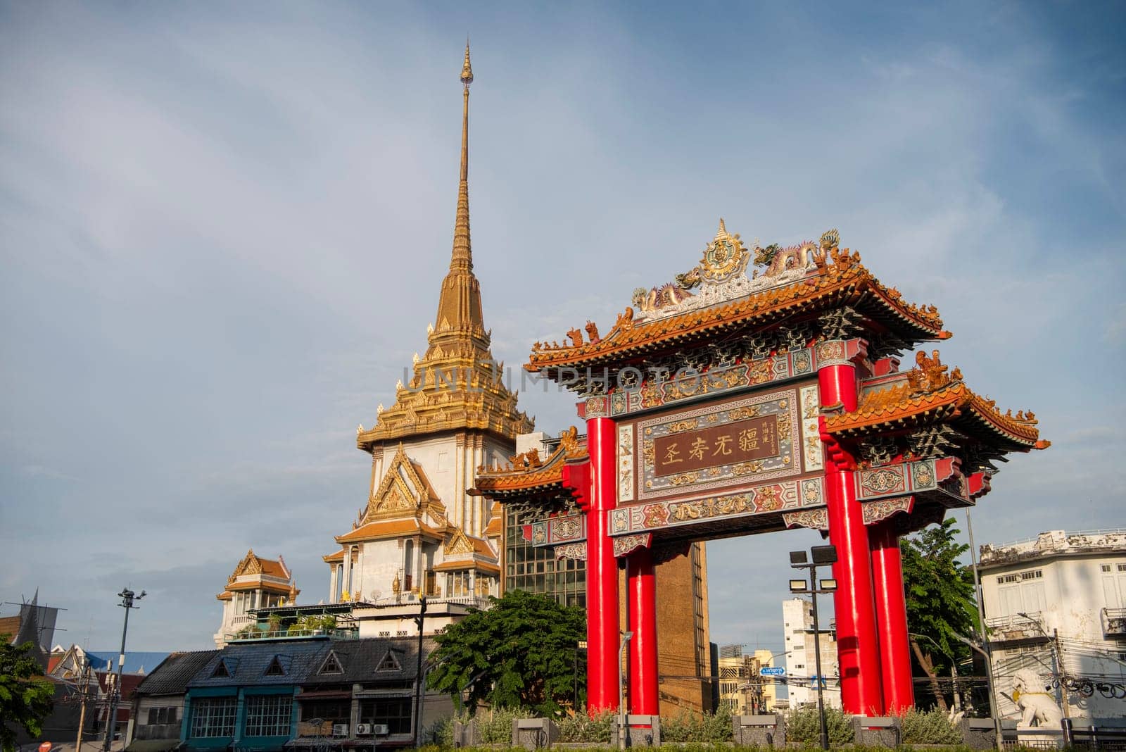 The Chinese Gate at Wat Traimit in Chinatown in the City of Bangkok in Thailand.  Thailand, Bangkok, November, 6, 2024.