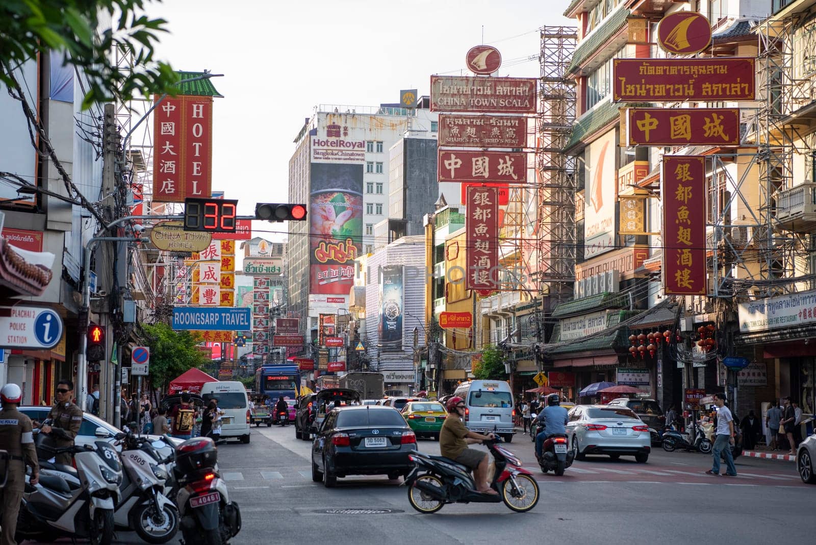 Traffic on the Yaowarat Road in Chinatown in City of Bangkok in Thailand.  Thailand, Bangkok, November, 6, 2024.